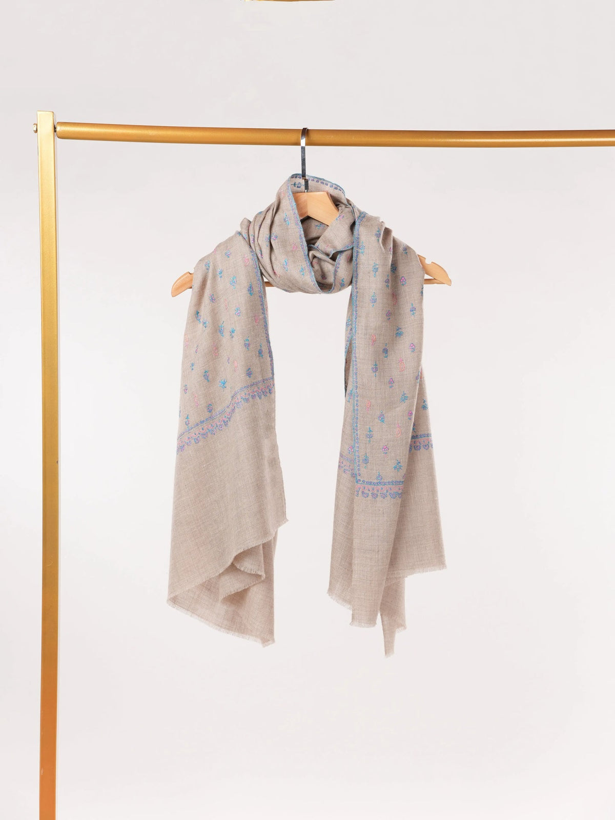 Natural Beige Classic Handwoven Pashmina Shawl with Buteh Hand Embroidery