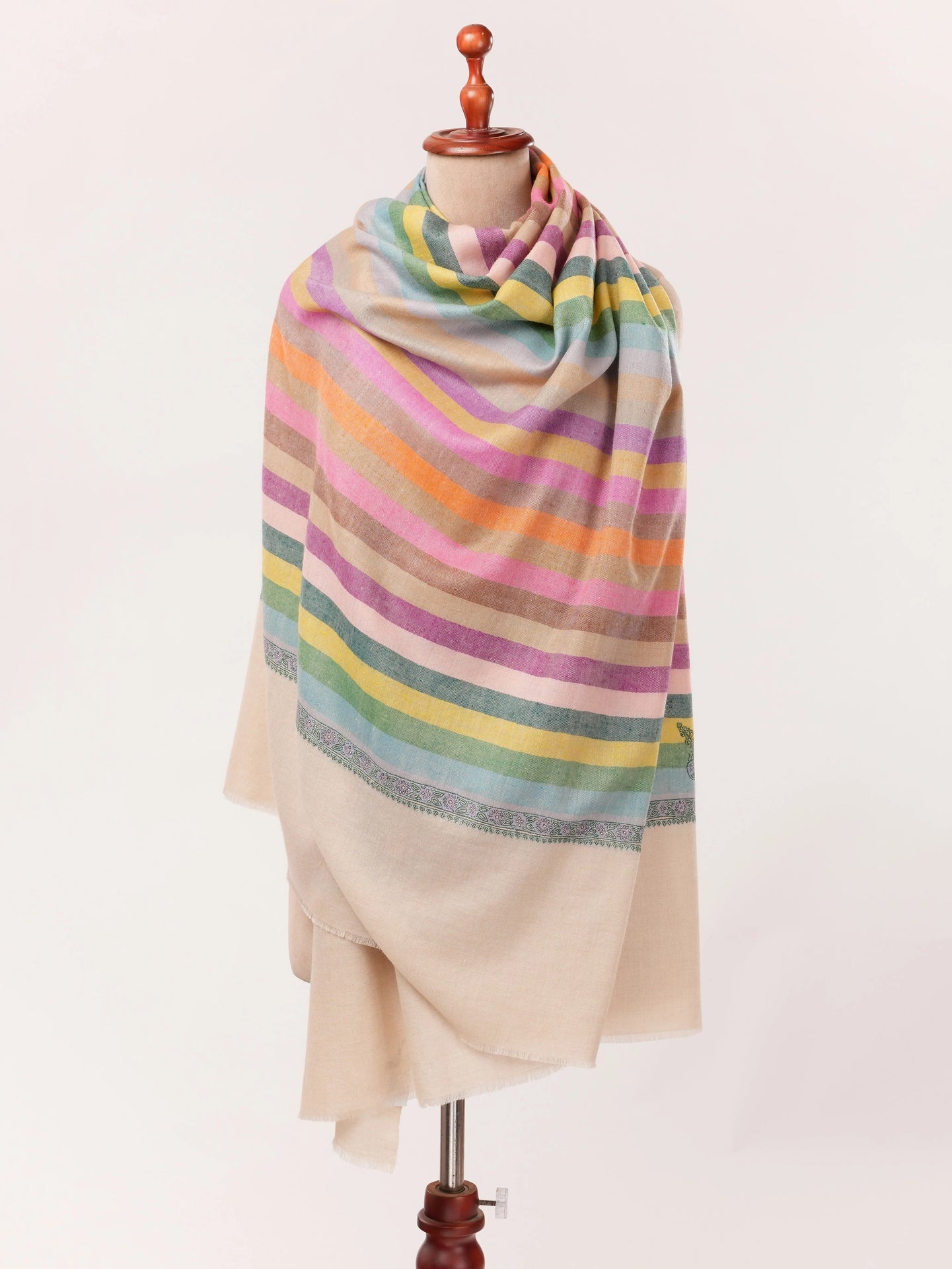 Kashmiri Handwoven Soft Stripe Pashmina Shawl with Hashia Embroidery Shahkaar.com