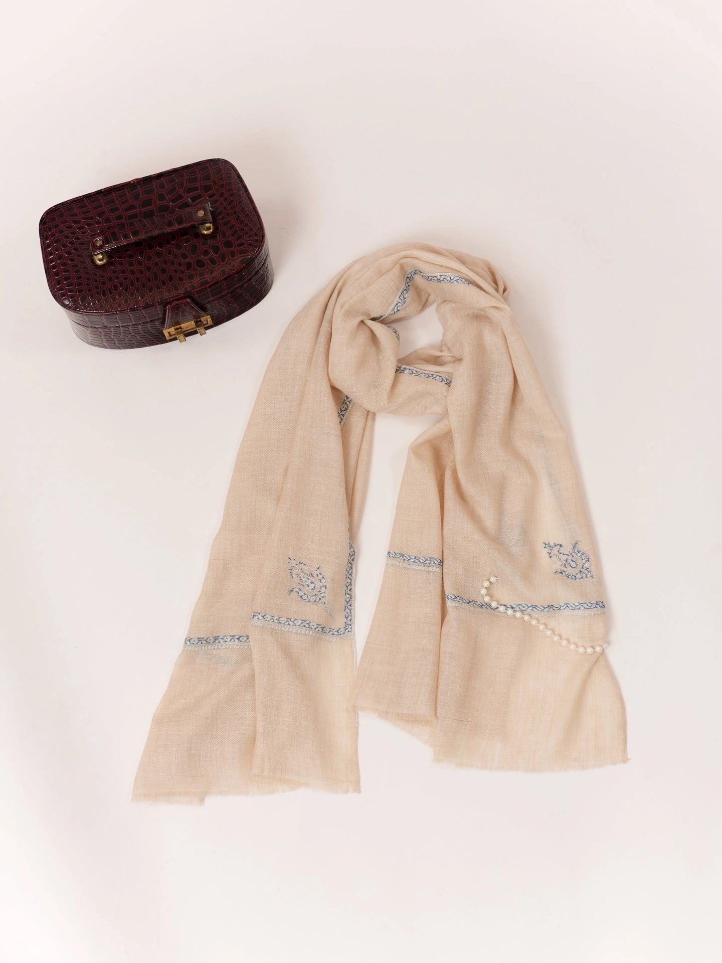 Natural Off White Hand Embroidered Authentic Cashmere Scarf Shahkaar.com
