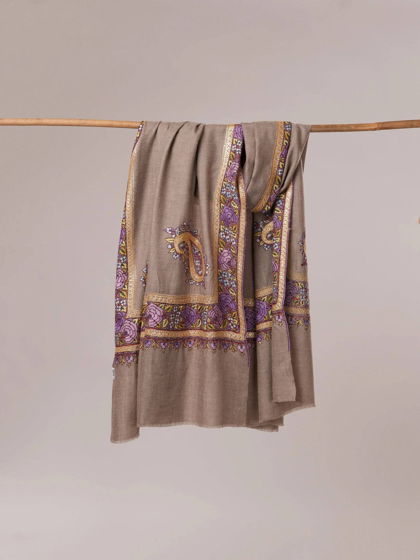 Natural Grey Pashmina Shawl with Daurdar Hand Embroidery Shahkaar.com