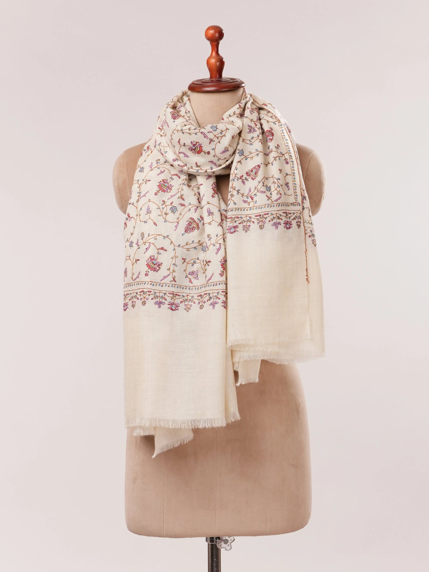 Natural Off White Hand Embroidered Sozni Jali Pashmina Shawl Shahkaar.com