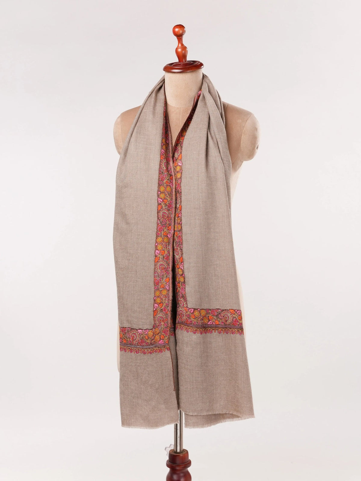 Natural Taupe Featherlight Handwoven Pashmina Shawl with Neemdaur Embroidery Shahkaar.com