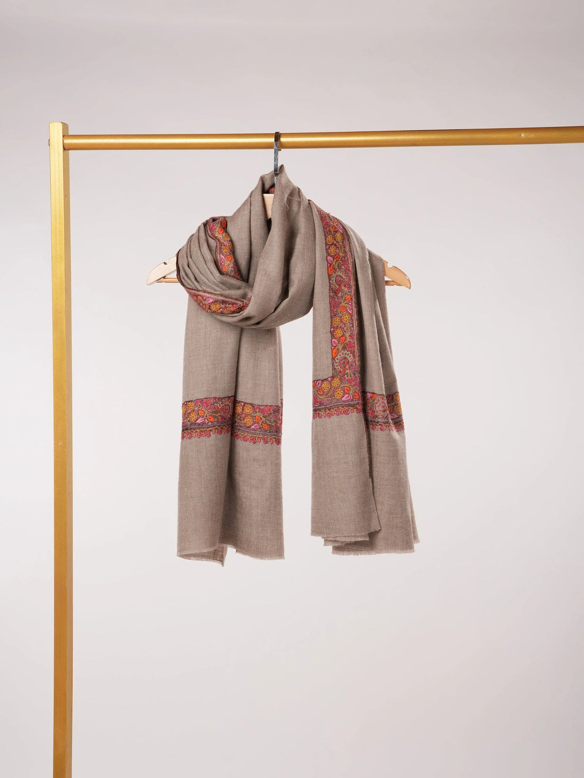 Natural Taupe Featherlight Handwoven Pashmina Shawl with Neemdaur Embroidery Shahkaar.com