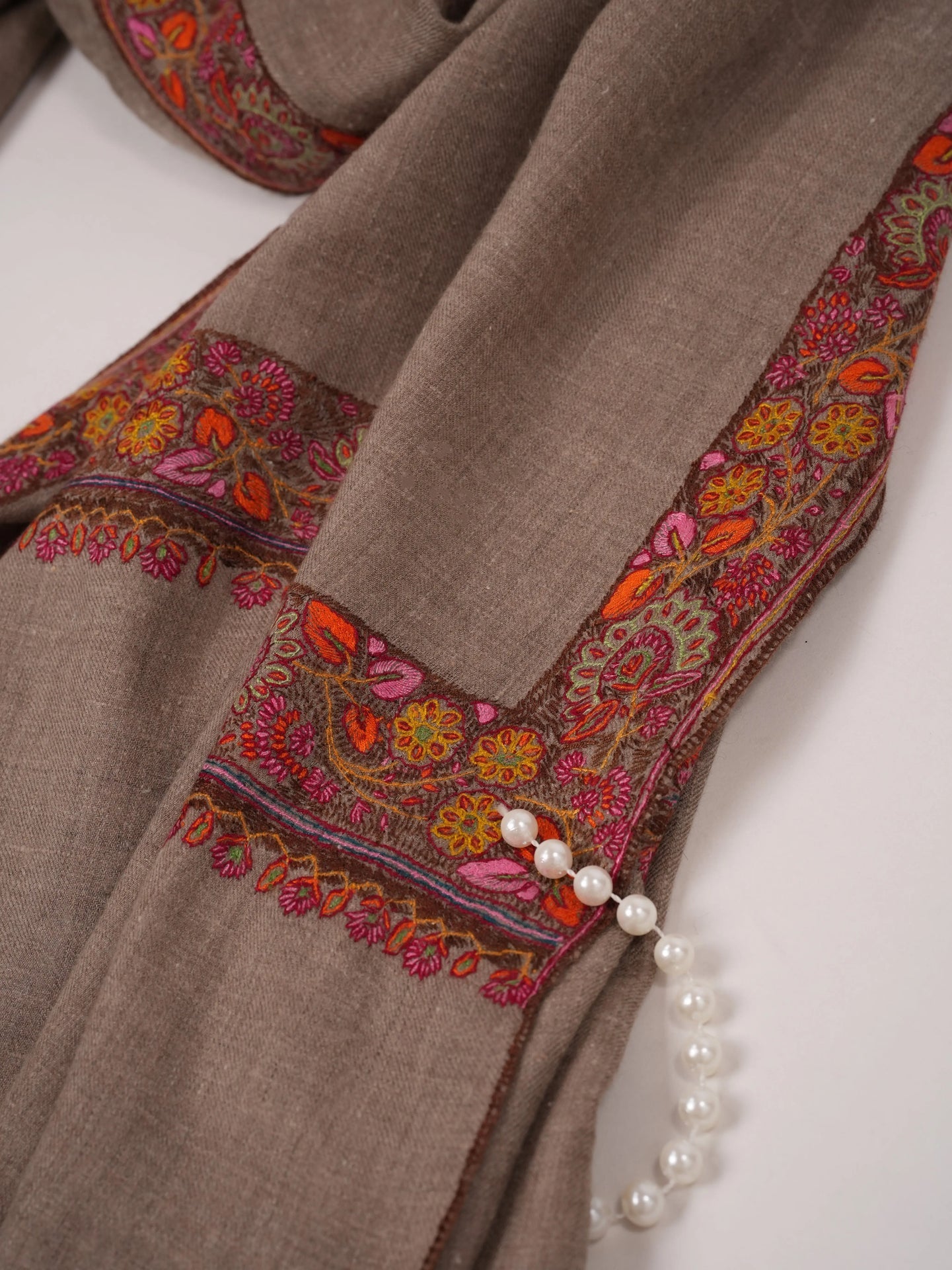 Natural Taupe Featherlight Handwoven Pashmina Shawl with Neemdaur Embroidery Shahkaar.com