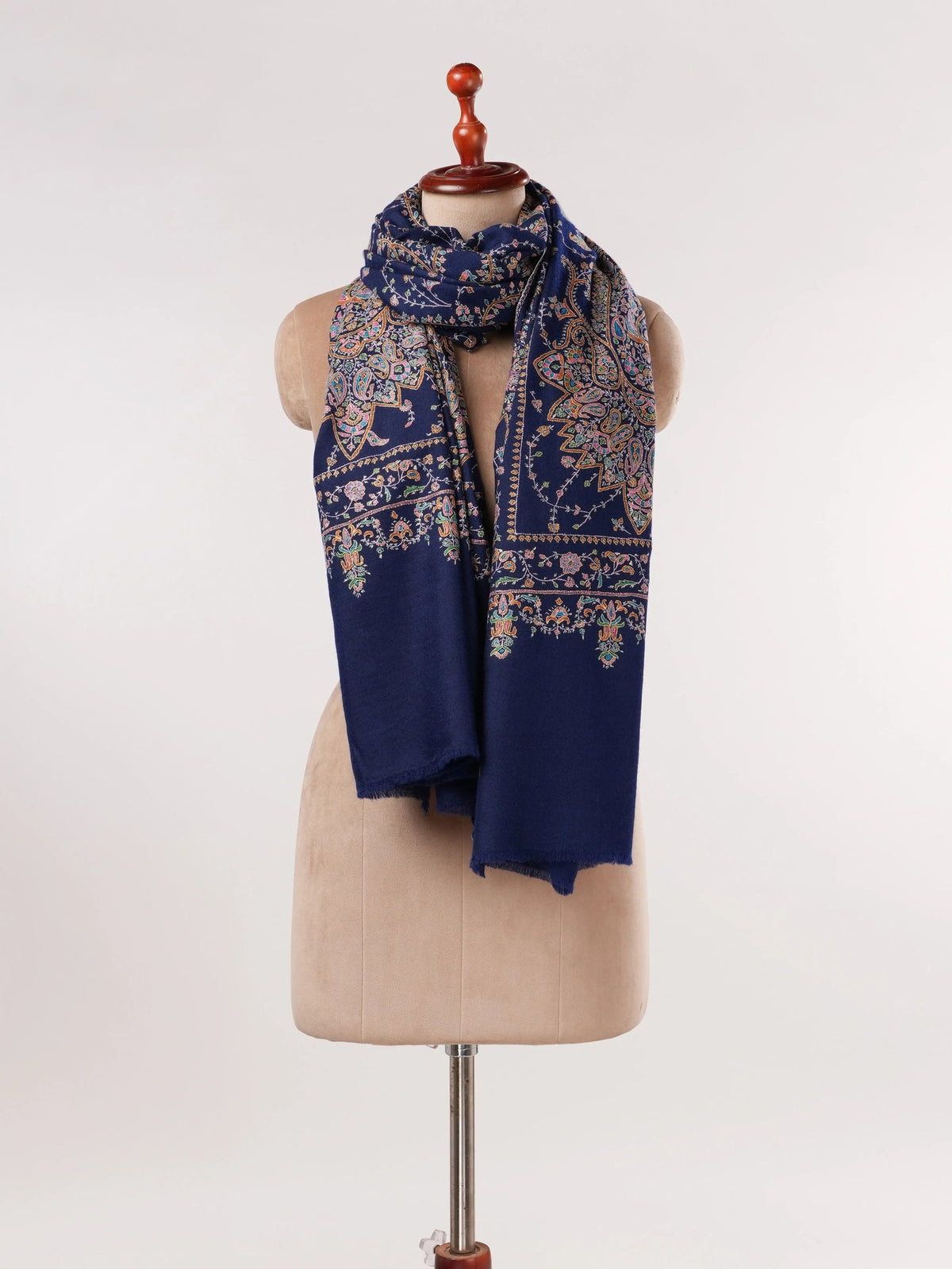 Navy Blue Jali Sozni Hand Embroidered Pure Handwoven Pashmina Shawl Shahkaar.com