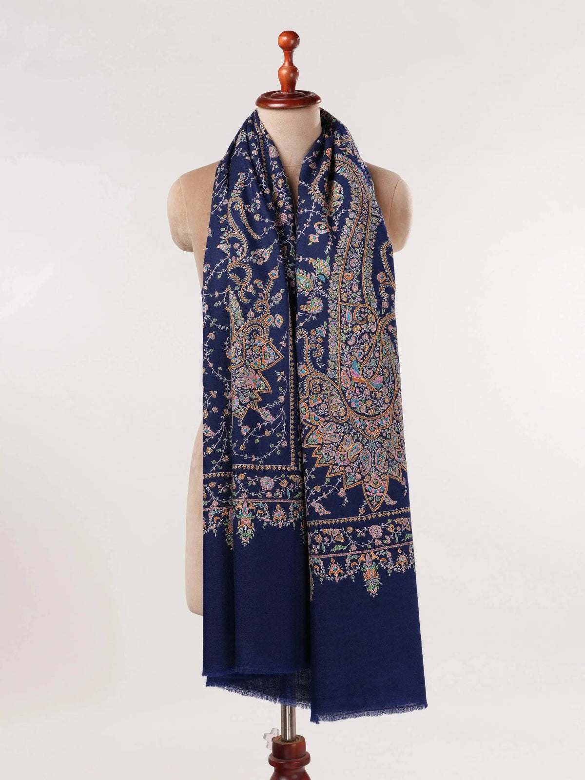 Navy Blue Jali Sozni Hand Embroidered Pure Handwoven Pashmina Shawl Shahkaar.com