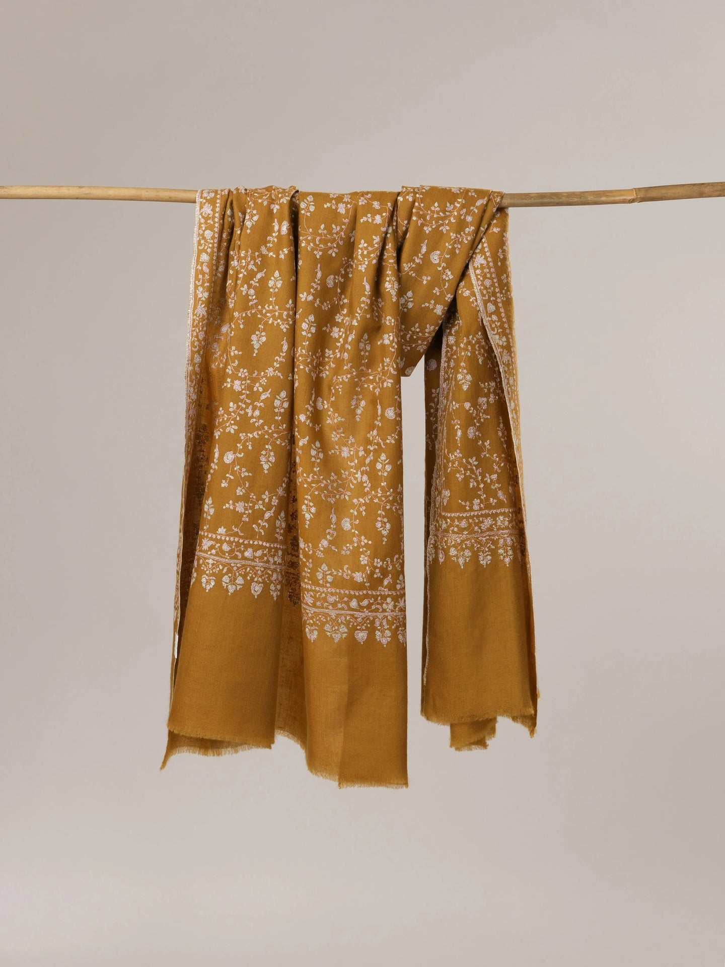 Mustard Pashmina Shawl with All Over Jali Hand Embroidery Shahkaar.com
