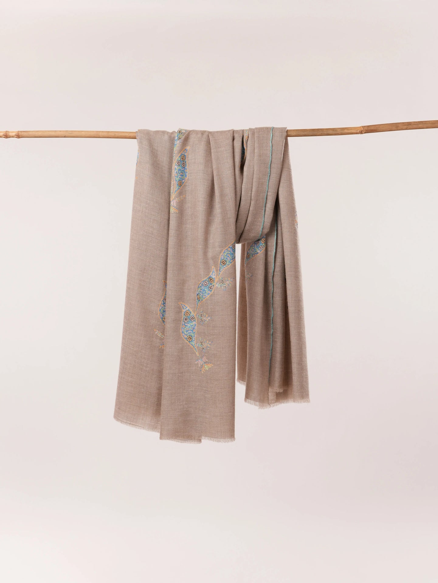 Luxurious Butidar Handwoven Kashmiri Pashmina Natural Taupe Shawl with Hand Sozni Embroidery Shahkaar.com