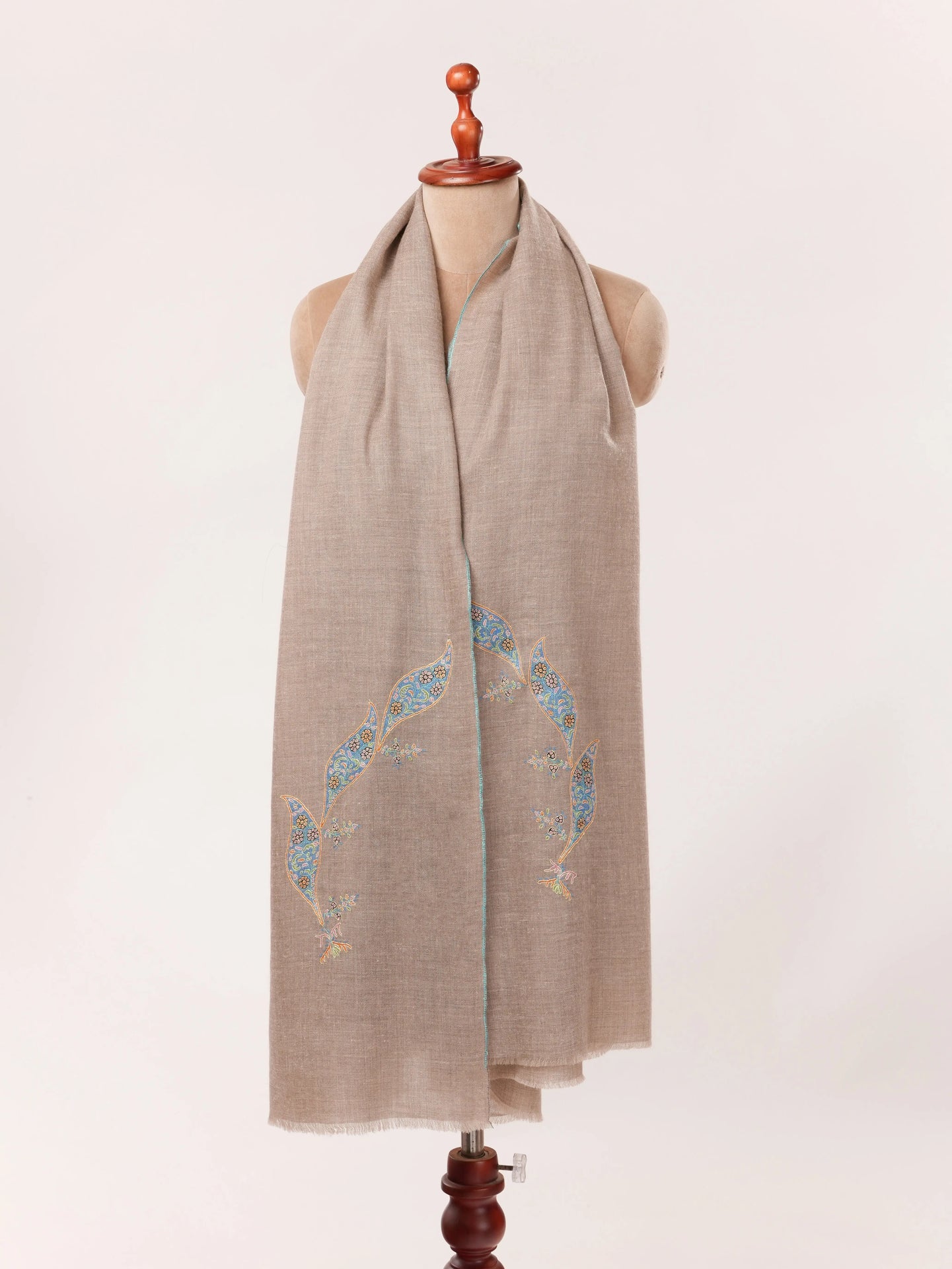 Luxurious Butidar Handwoven Kashmiri Pashmina Natural Taupe Shawl with Hand Sozni Embroidery Shahkaar.com