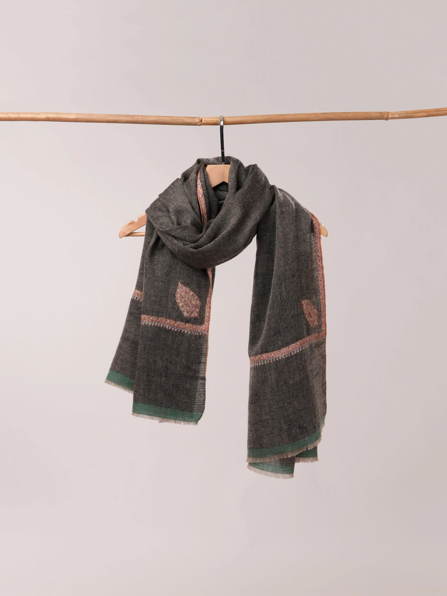 Black Pashmina Shawl with Bail Classic Hand Embroidery Shahkaar.com