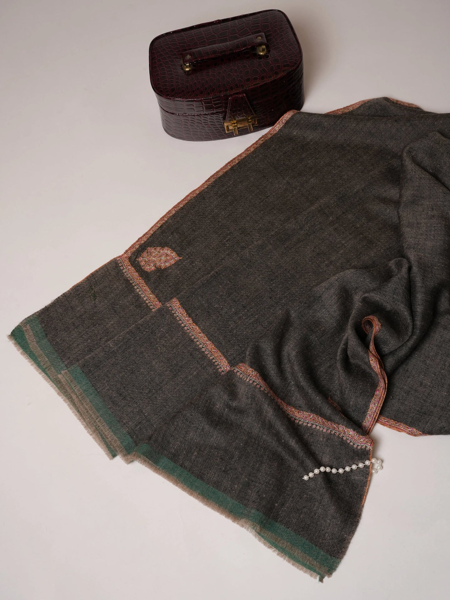 Black Pashmina Shawl with Bail Classic Hand Embroidery Shahkaar.com