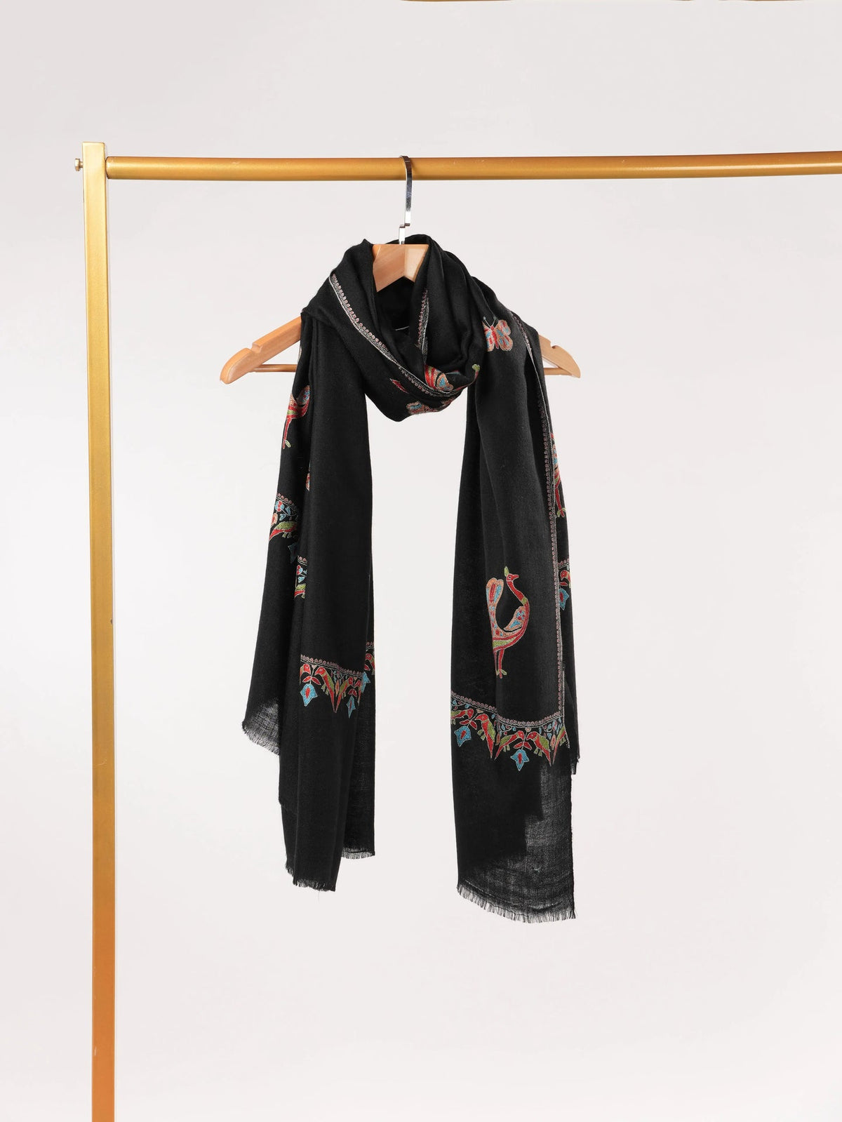 Black Handwoven Pashmina Shawl with Peacock Buteh Hand Embroidery