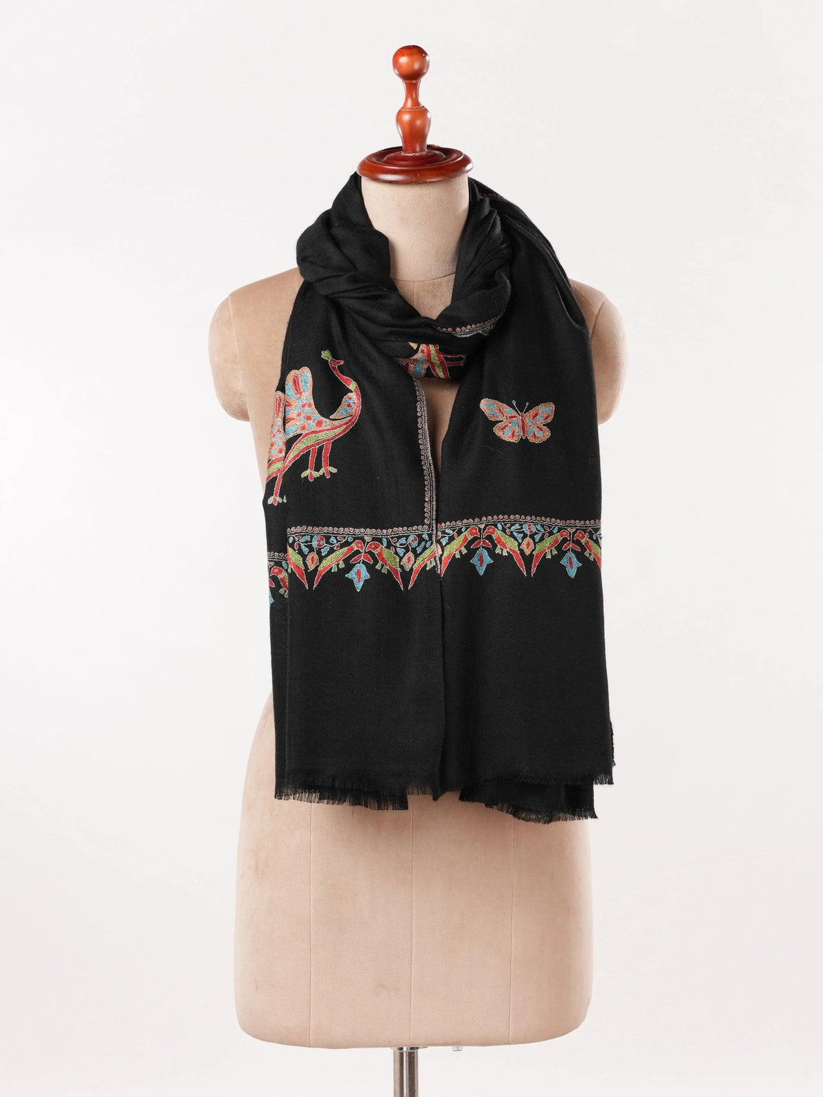 Black Handwoven Pashmina Shawl with Peacock Buteh Hand Embroidery