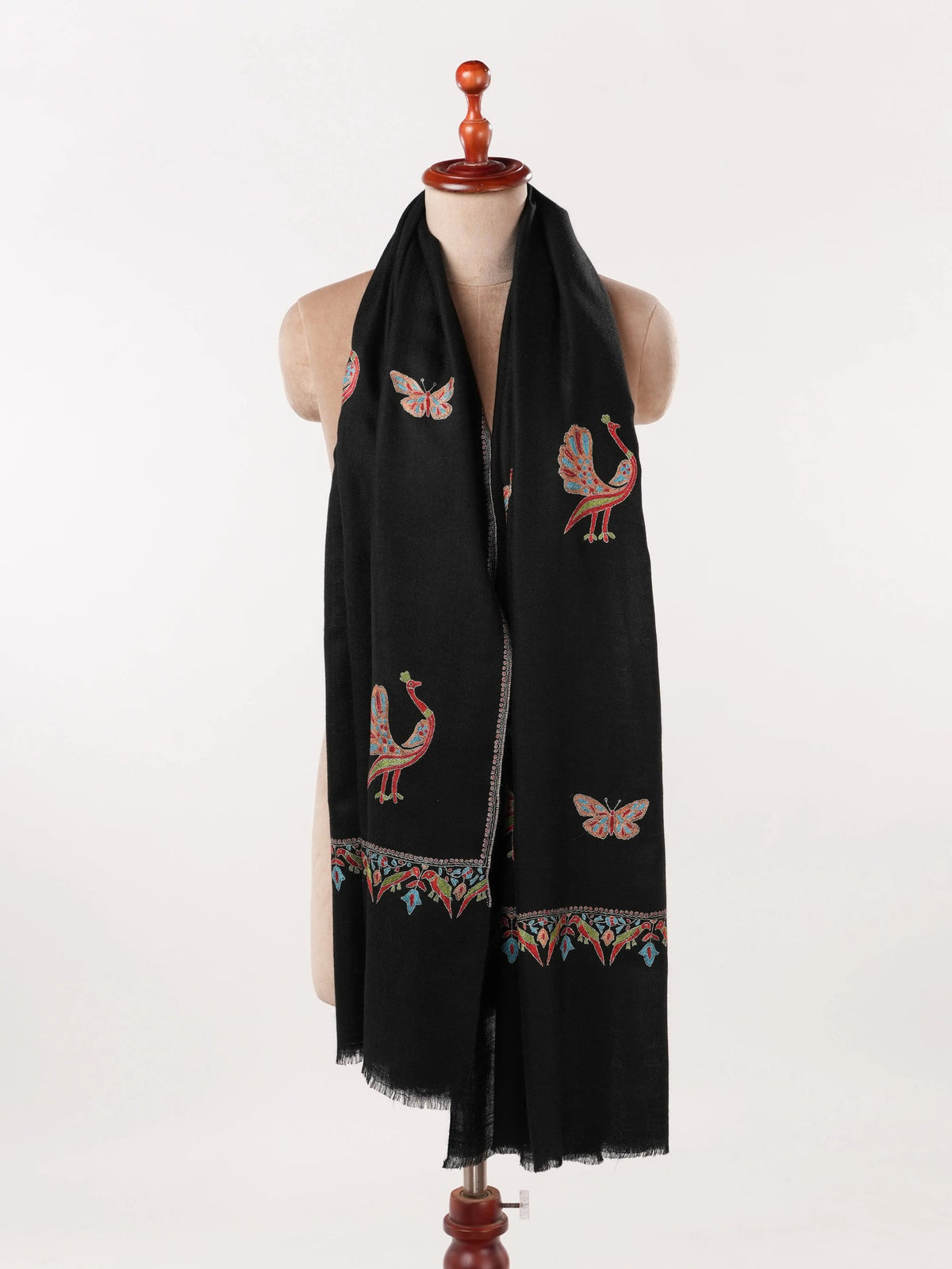 Black Handwoven Pashmina Shawl with Peacock Buteh Hand Embroidery