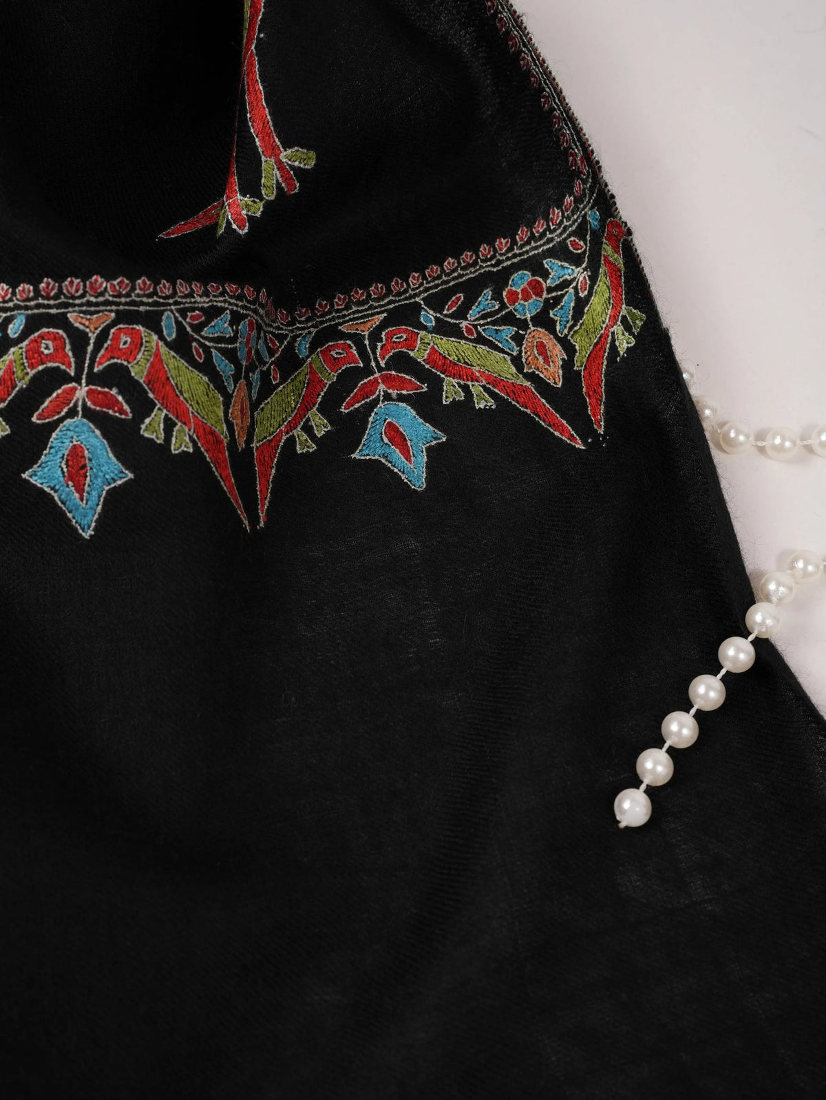 Black Handwoven Pashmina Shawl with Peacock Buteh Hand Embroidery