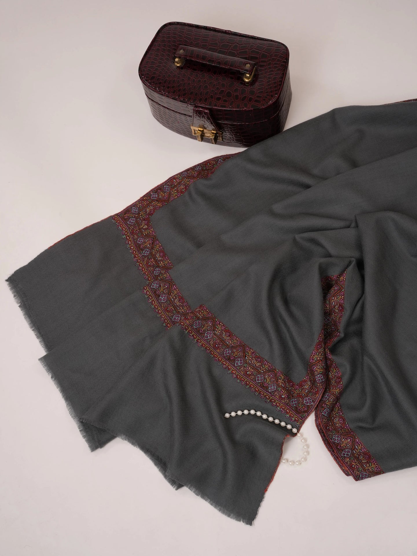 Grey Pure Pashmina Shawl with Neemdaur Hand Embroidery Shahkaar.com
