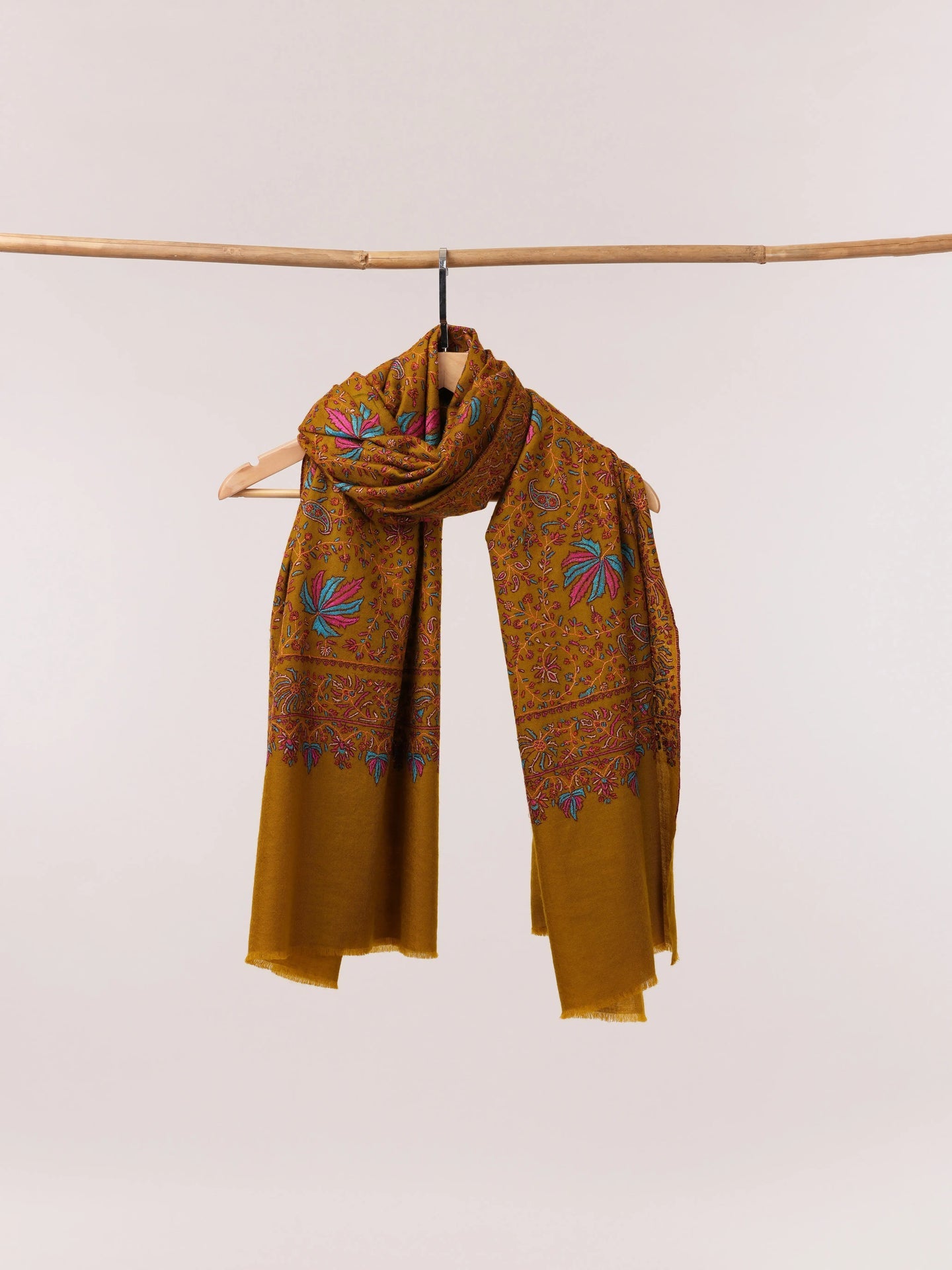 Mustard Soft Pashmina Shawl with All Over Hand Embroidery Shahkaar.com