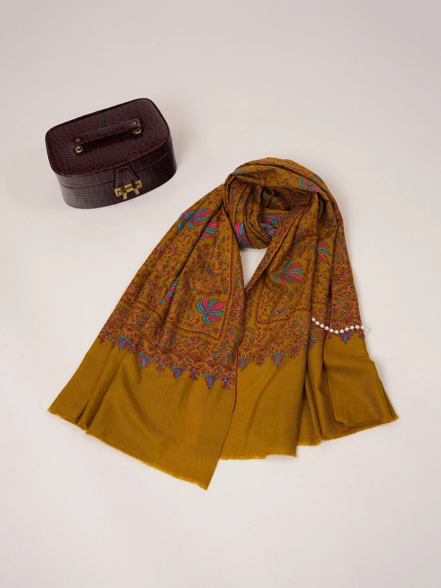 Mustard Soft Pashmina Shawl with All Over Hand Embroidery Shahkaar.com