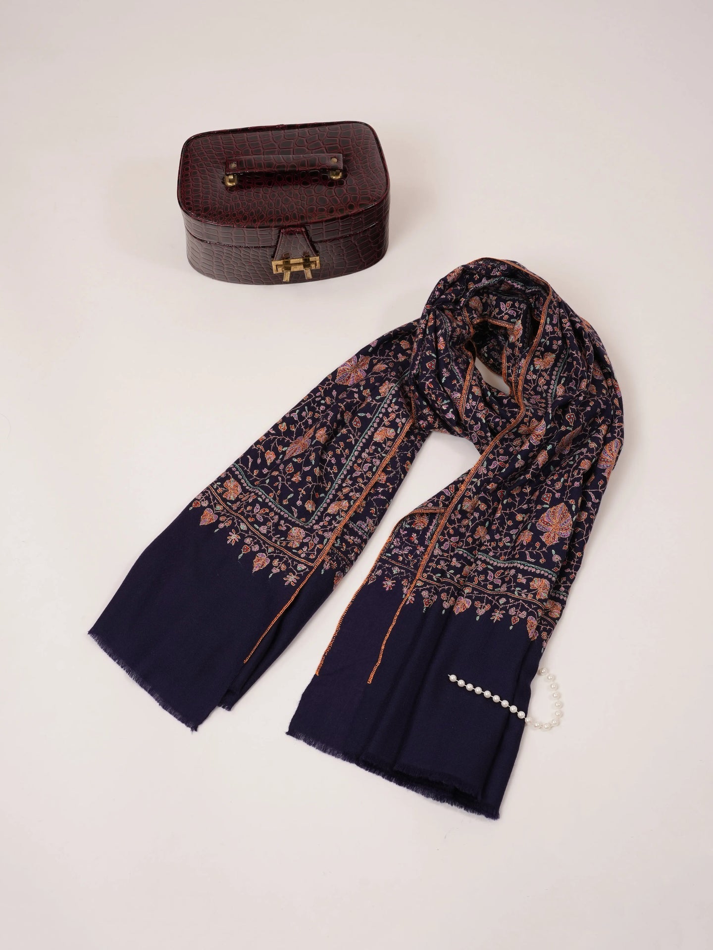 Navy Handwoven Pashmina Shawl with Sozni Hand Embroidery Shahkaar.com