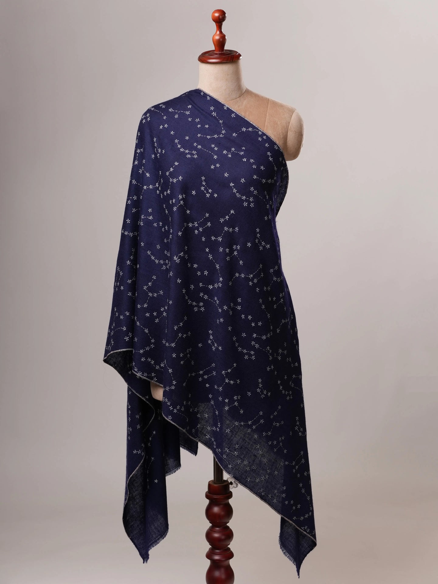 Navy Blue Soft Cashmere Scarf with Star Constellation Embroidery Shahkaar
