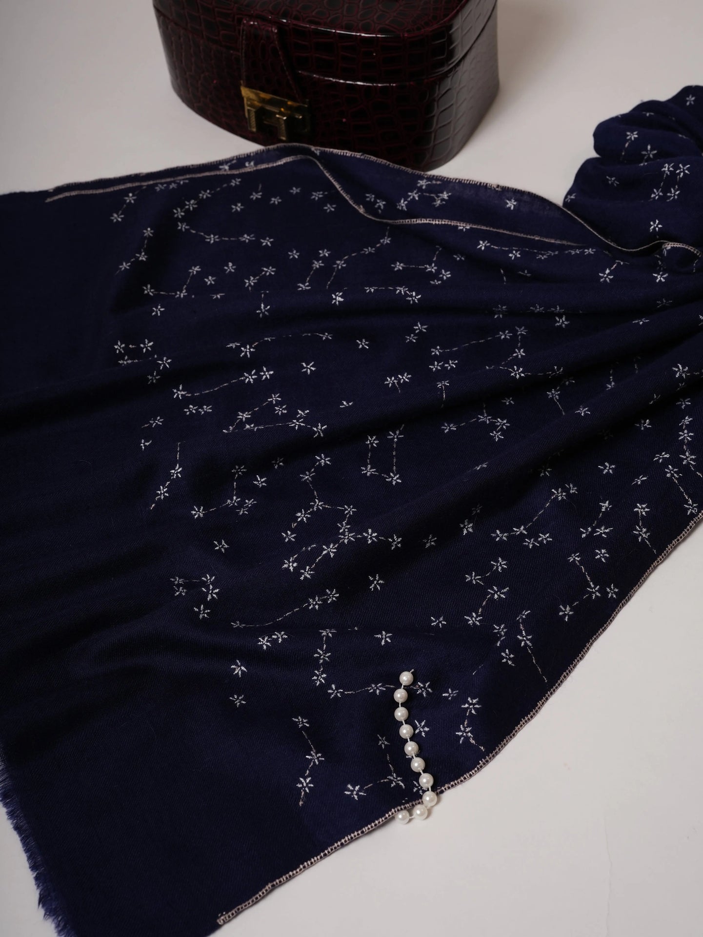 Navy Blue Soft Cashmere Scarf with Star Constellation Embroidery Shahkaar