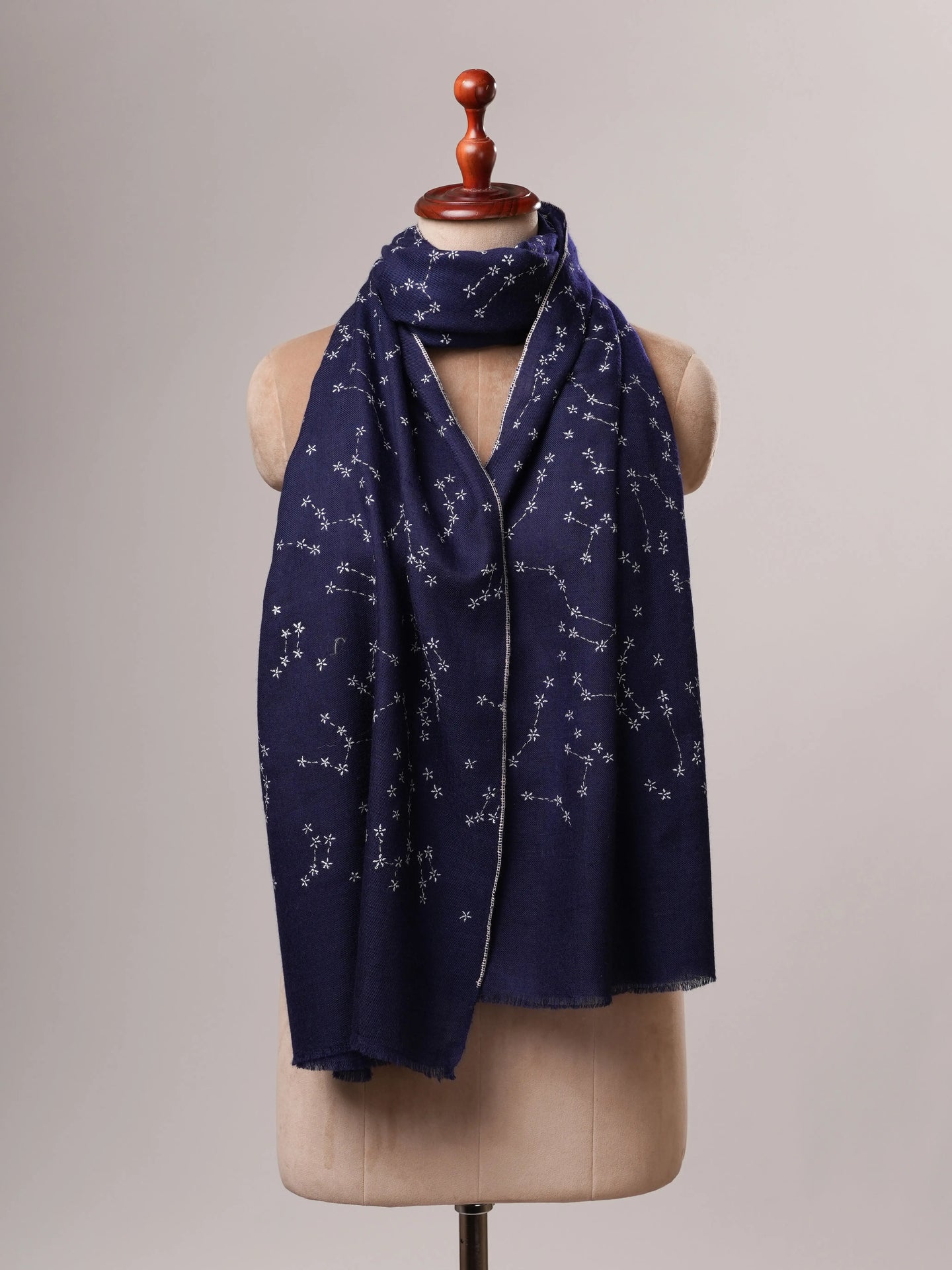 Navy Blue Soft Cashmere Scarf with Star Constellation Embroidery Shahkaar