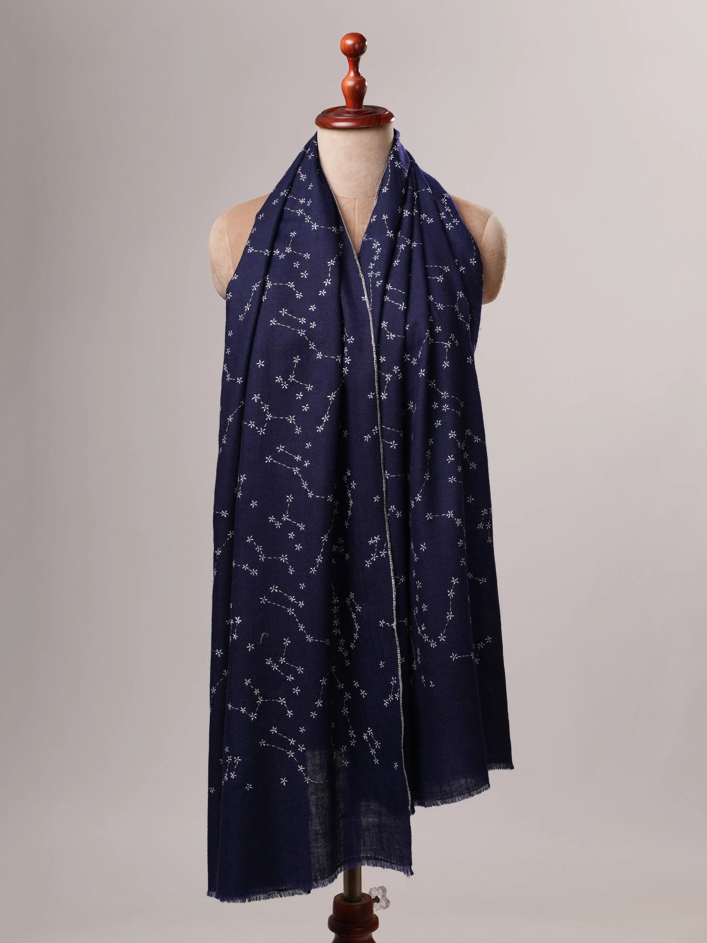 Navy Blue Soft Cashmere Scarf with Star Constellation Embroidery Shahkaar