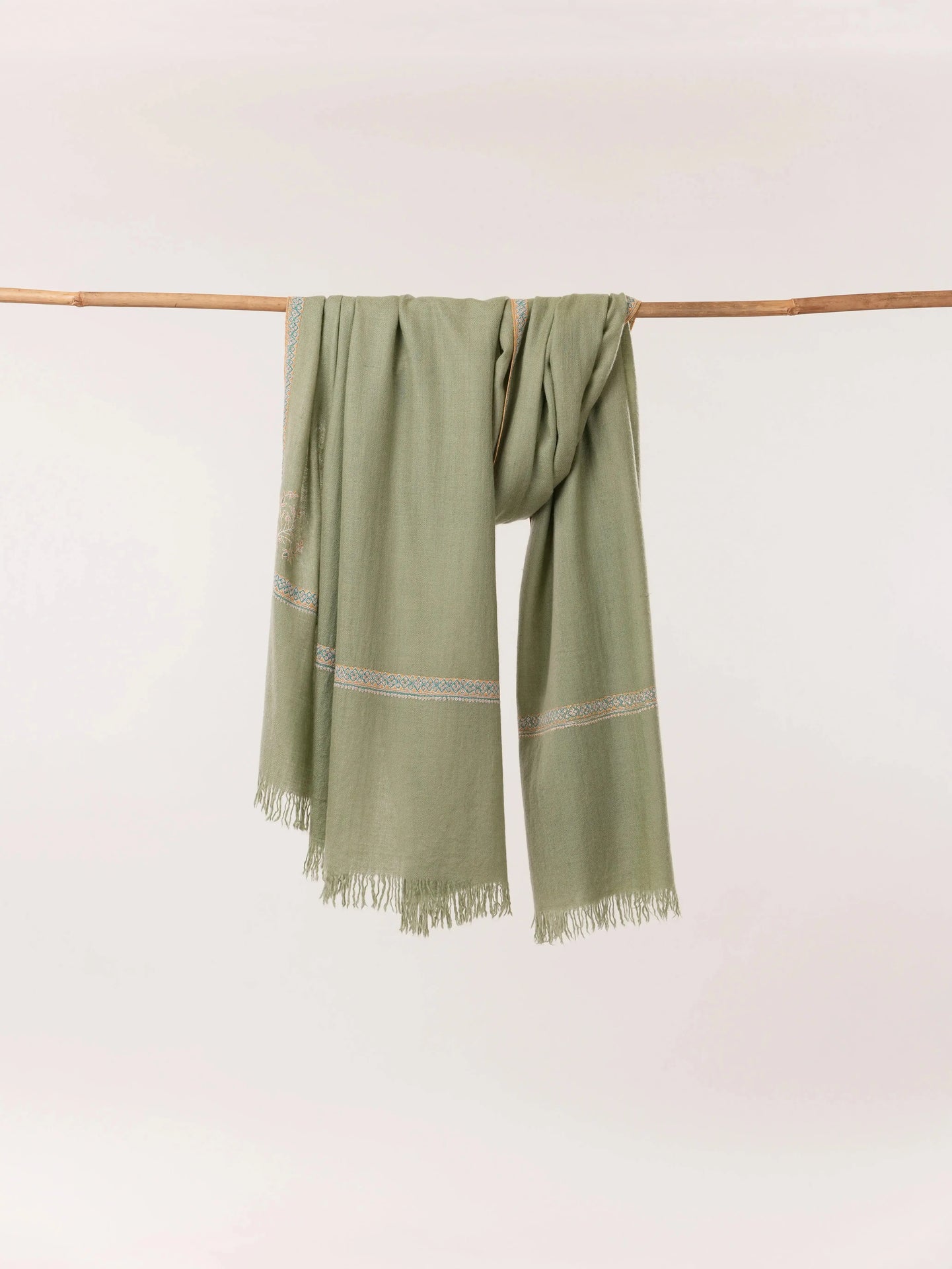 Handspun Green Kashmiri Handwoven Pashmina Shawl with Hashia Hand Sozni Embroidery Shahkaar.com