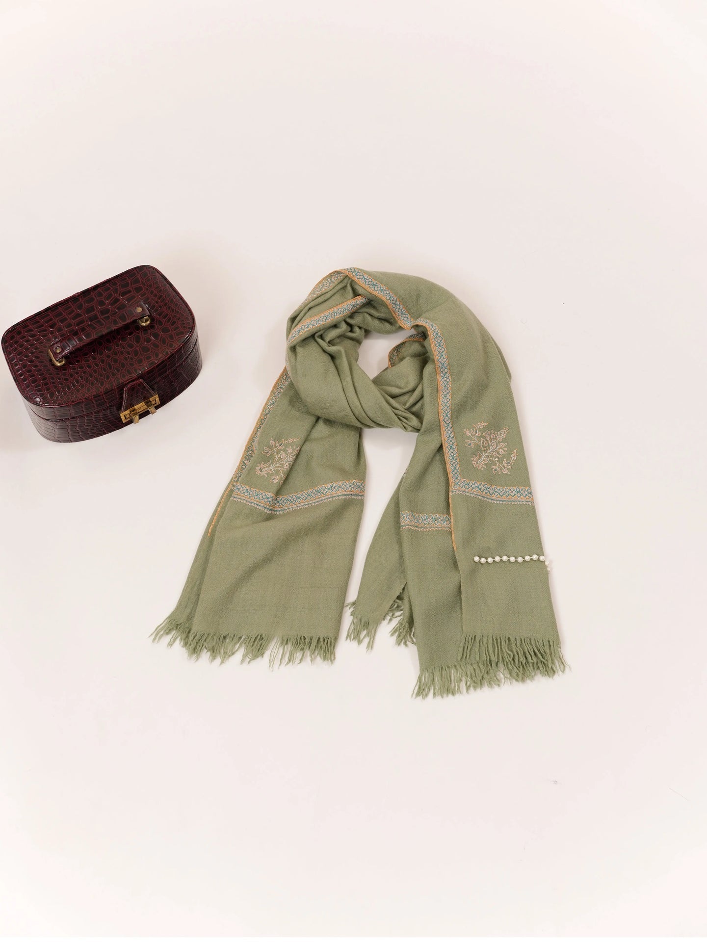 Handspun Green Kashmiri Handwoven Pashmina Shawl with Hashia Hand Sozni Embroidery Shahkaar.com