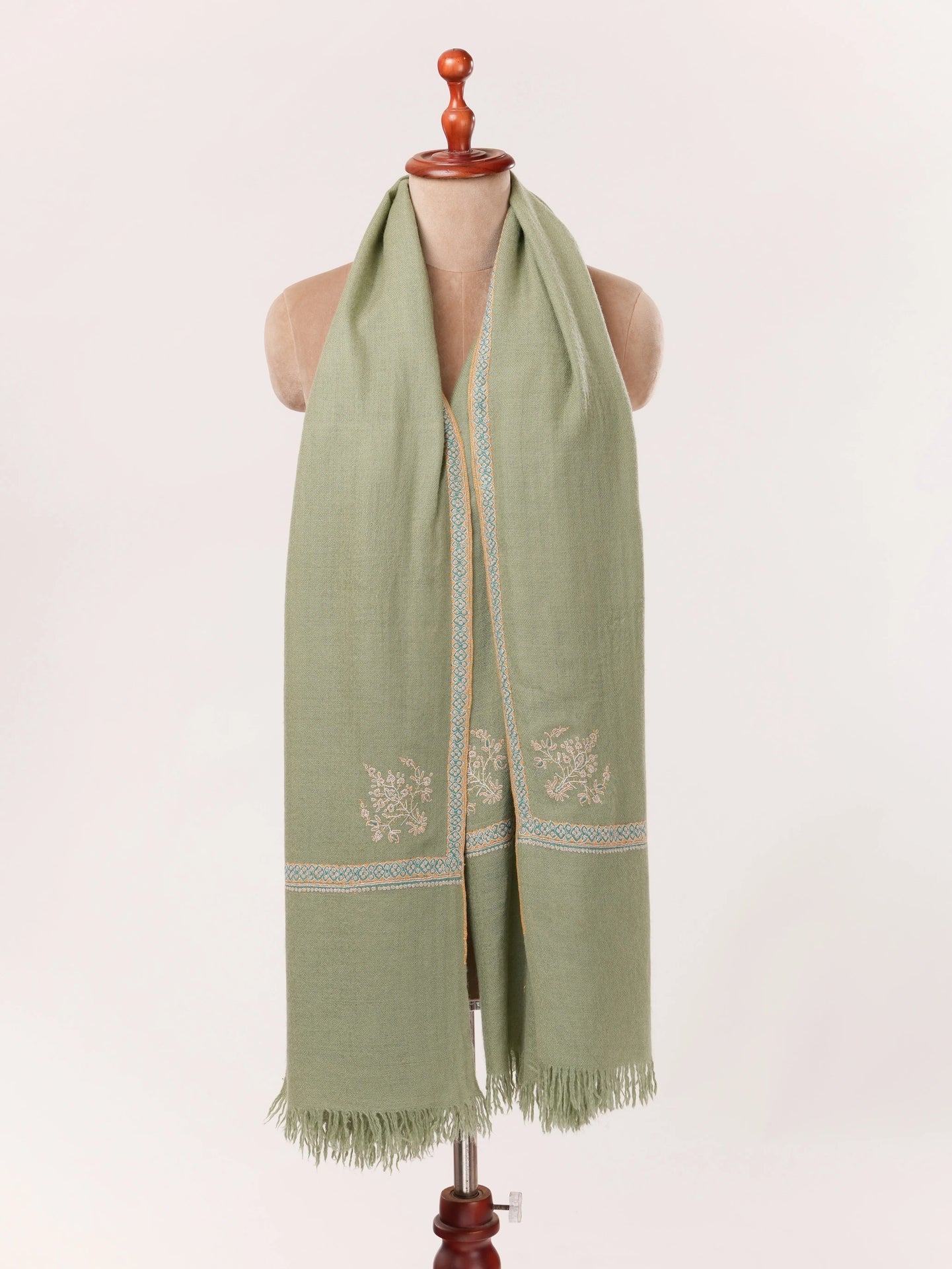 Handspun Green Kashmiri Handwoven Pashmina Shawl with Hashia Hand Sozni Embroidery Shahkaar.com