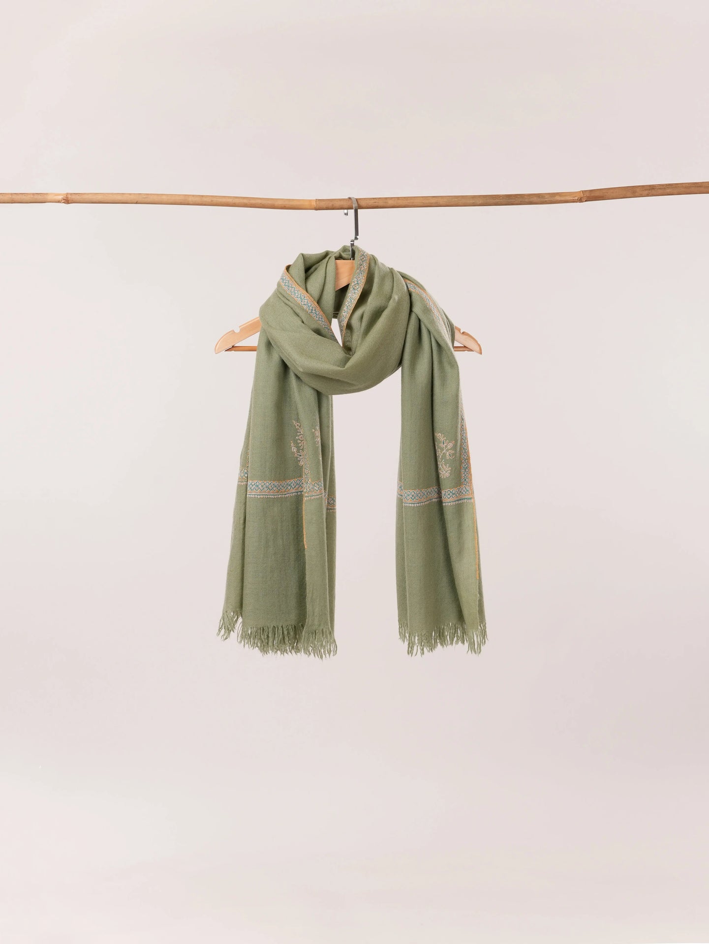 Handspun Green Kashmiri Handwoven Pashmina Shawl with Hashia Hand Sozni Embroidery Shahkaar.com
