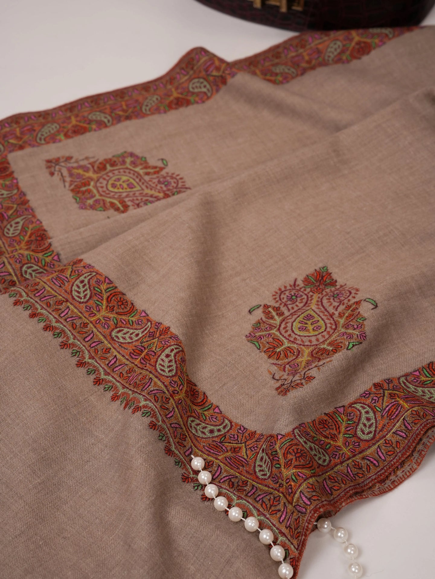 Classic Hand Embroidered Pure Pashmina Shawl with Daur & Koon Motif Shahkaar.com