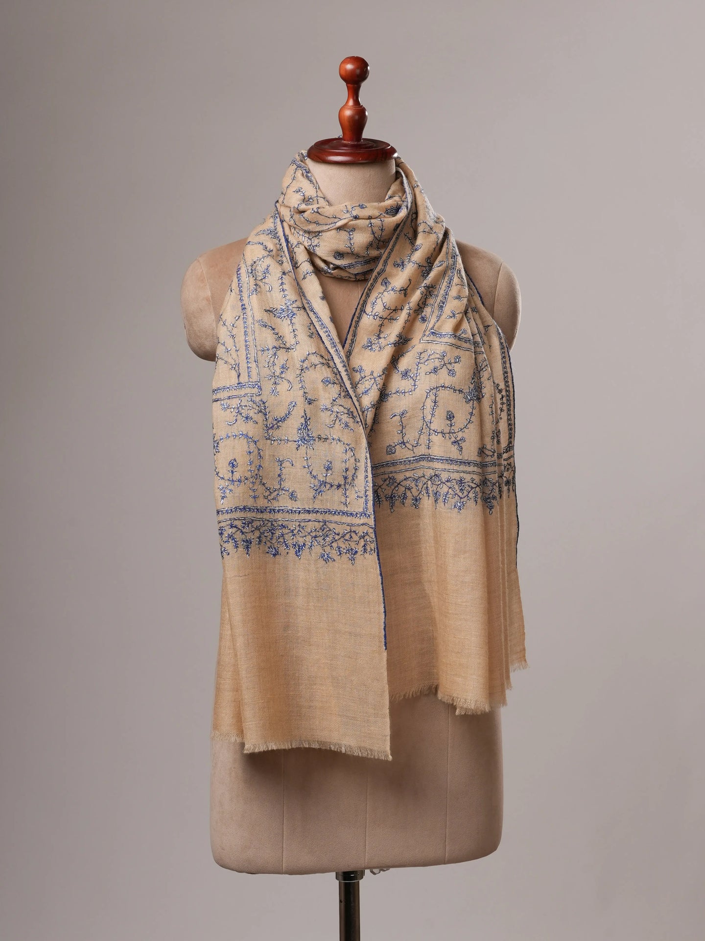 Tan Baby Soft Cashmere Scarf with All-Over Sozni Embroidery Shahkaar
