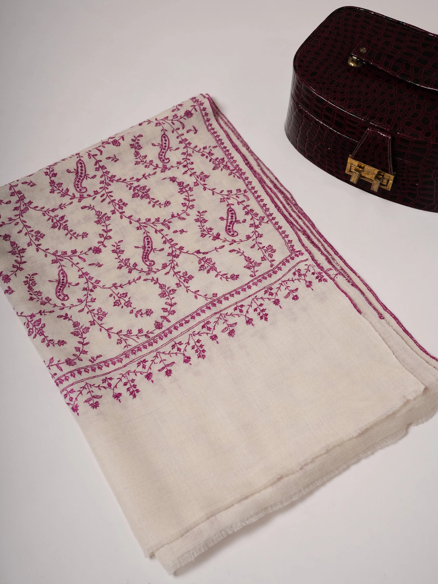 Natural White Baby Soft Cashmere Scarf with All-Over Purple Sozni Embroidery Shahkaar