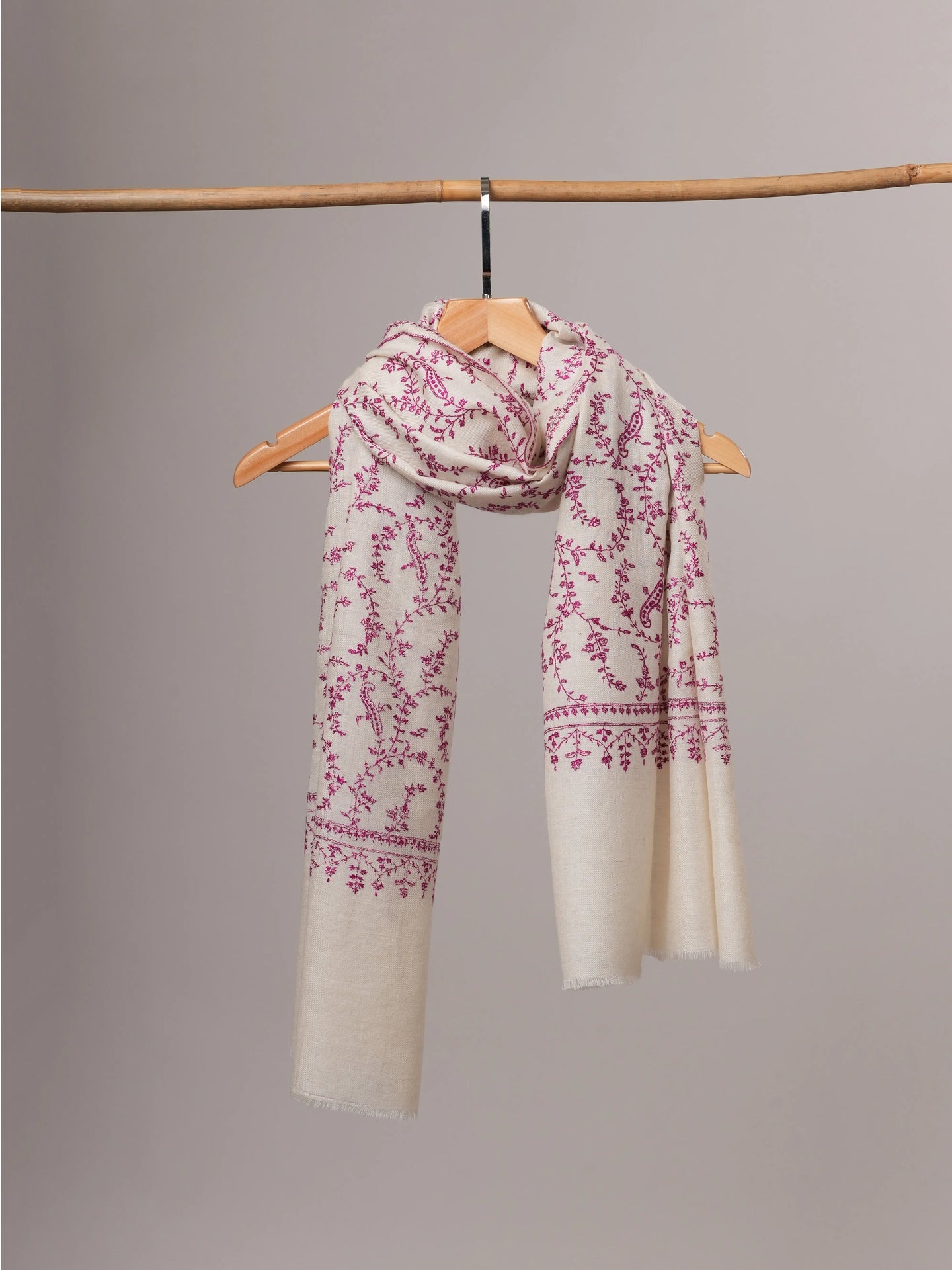 Natural White Baby Soft Cashmere Scarf with All-Over Purple Sozni Embroidery Shahkaar