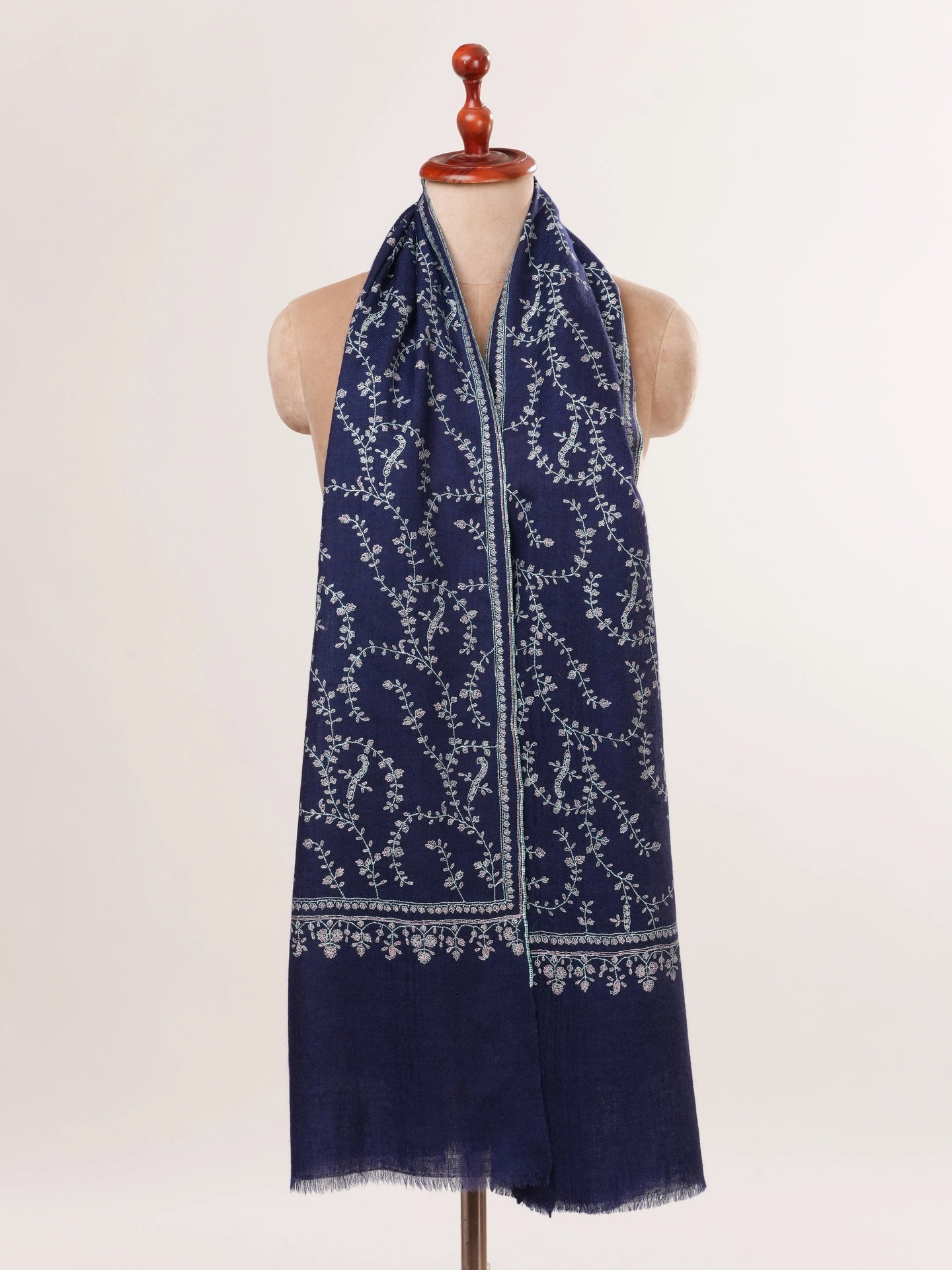 Navy Hand Embroidered Pure Cashmere Scarf Shahkaar.com