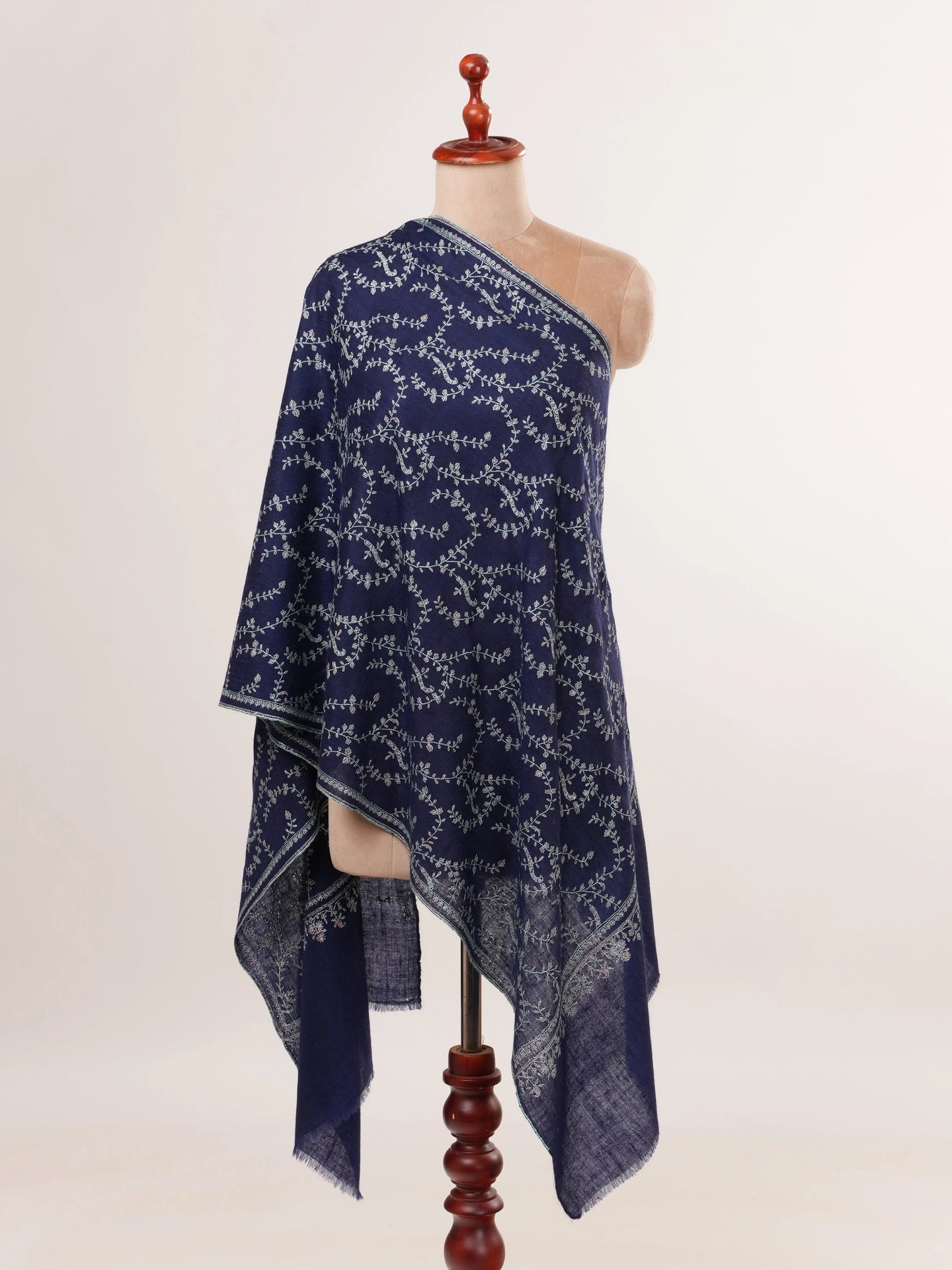 Navy Hand Embroidered Pure Cashmere Scarf Shahkaar.com