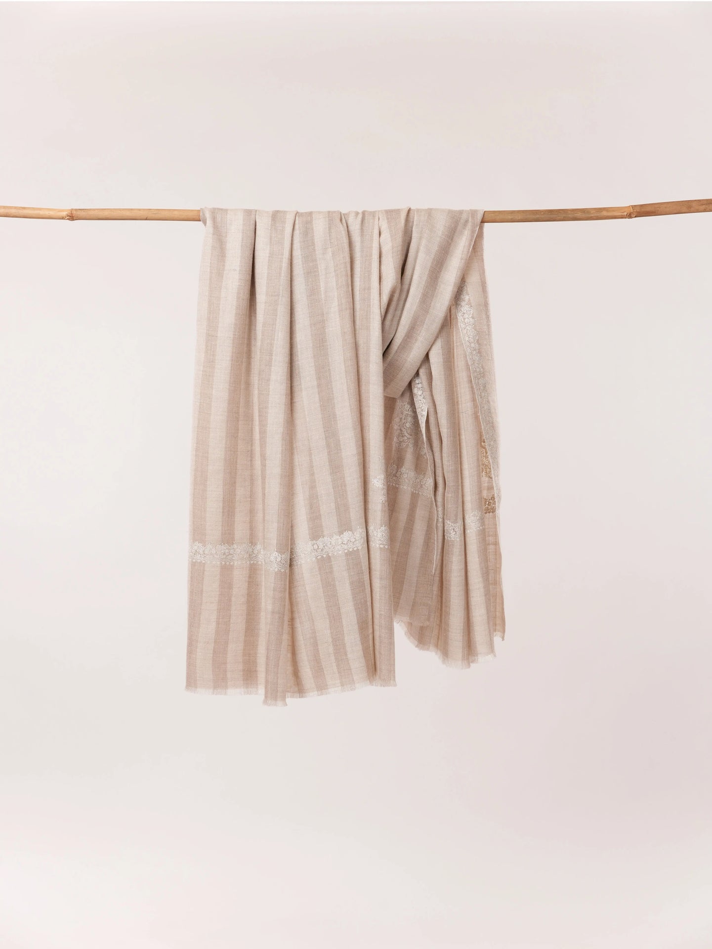Natural White Taupe Kashmiri Handwoven Soft Pashmina Shawl with Hashia Embroidery Shahkaar.com
