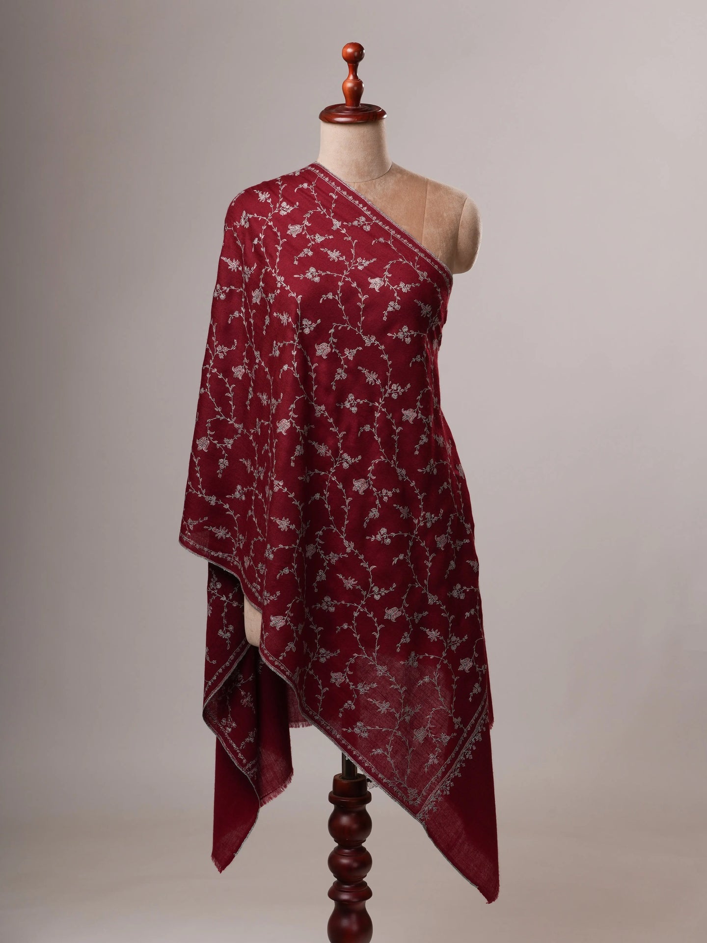 Maroon Featherlight Cashmere Scarf with All Over Sozni Hand Embroidery Shahkaar
