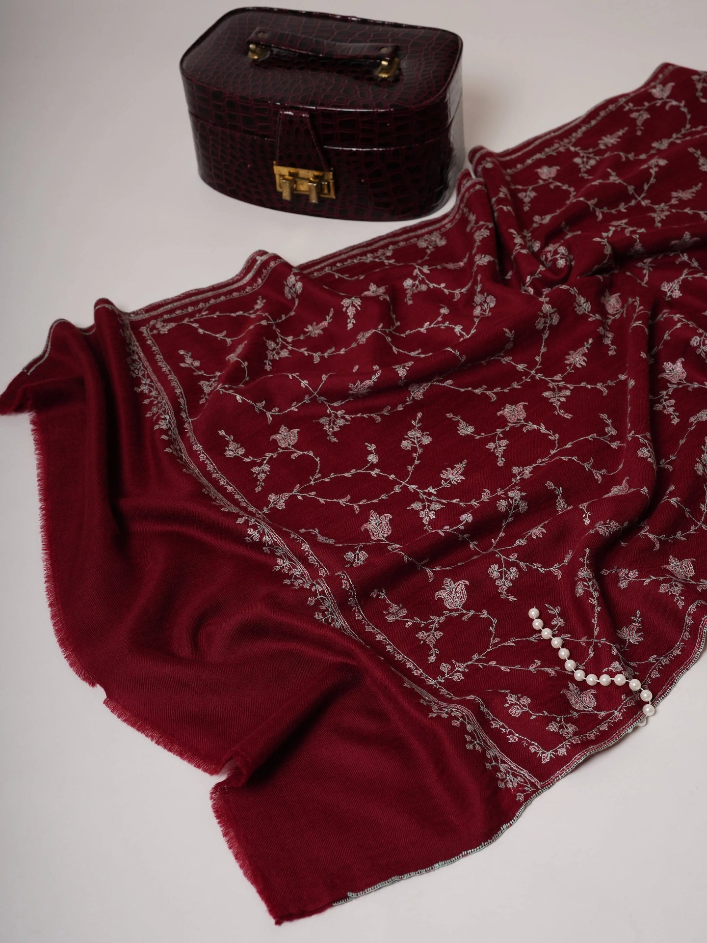 Maroon Featherlight Cashmere Scarf with All Over Sozni Hand Embroidery Shahkaar