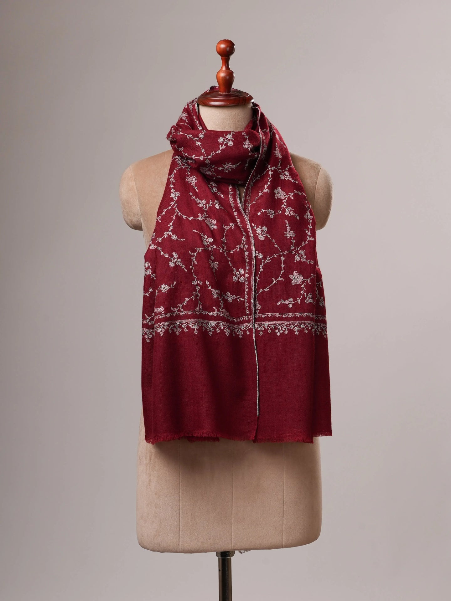 Maroon Featherlight Cashmere Scarf with All Over Sozni Hand Embroidery Shahkaar
