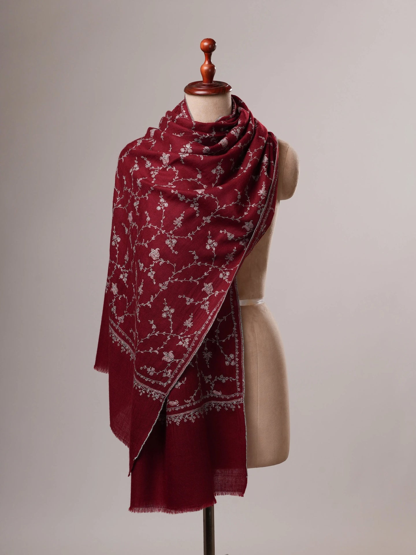 Maroon Featherlight Cashmere Scarf with All Over Sozni Hand Embroidery Shahkaar