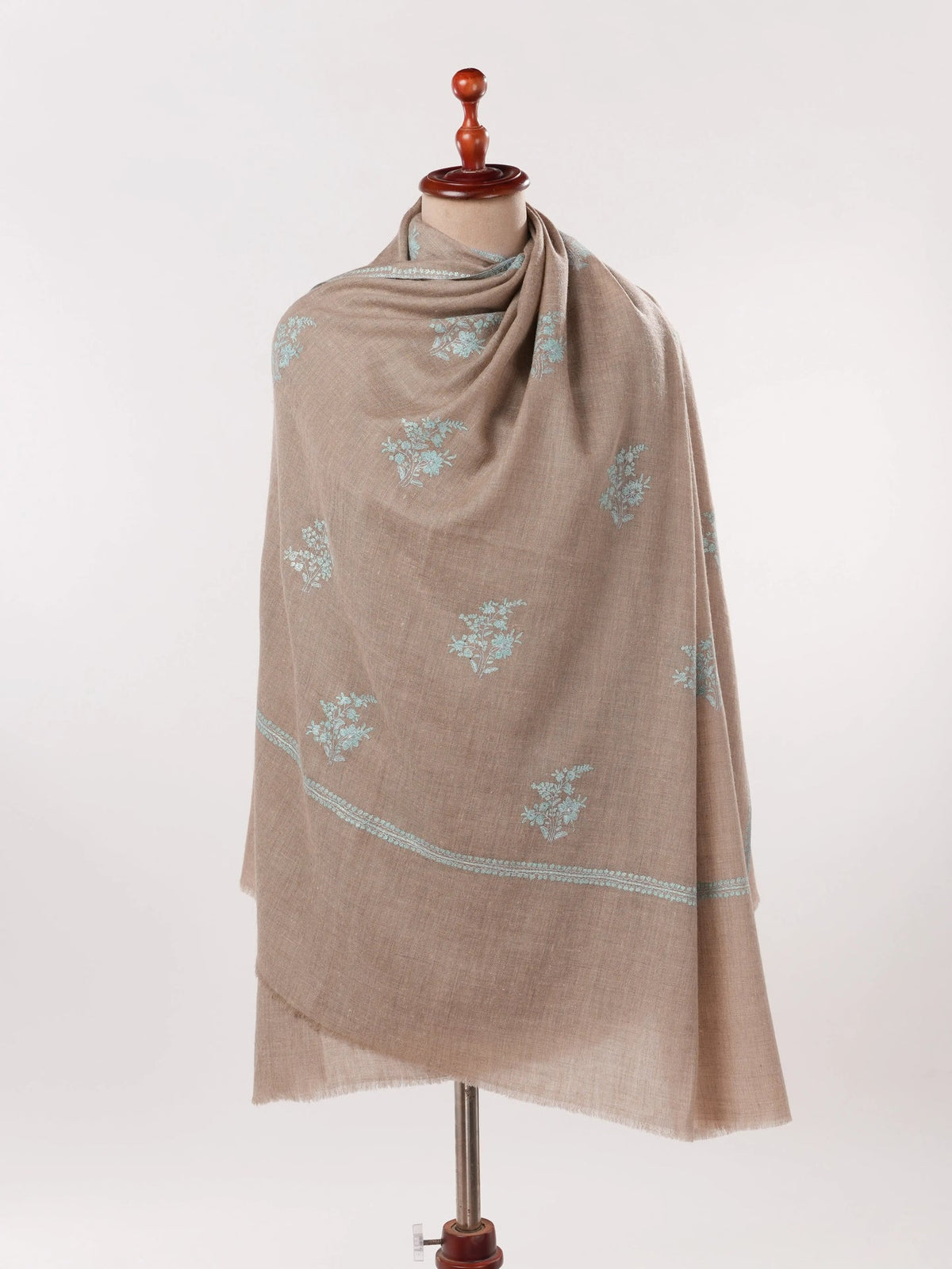 Natural Taupe Handwoven Authentic Pashmina Shawl with Buteh Hand Embroidery Shahkaar.com