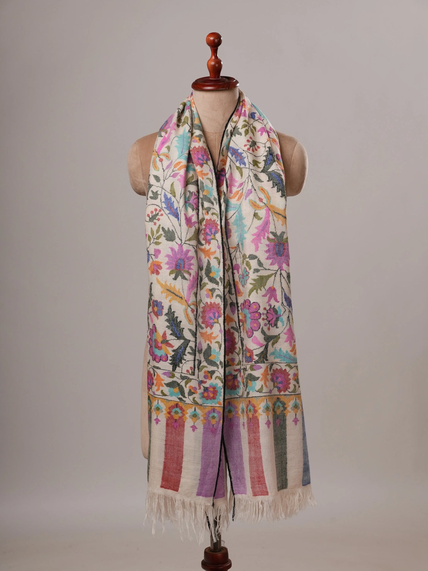 Ivory Floral Handwoven Pure Kani Pashmina Shawl Shahkaar Global
