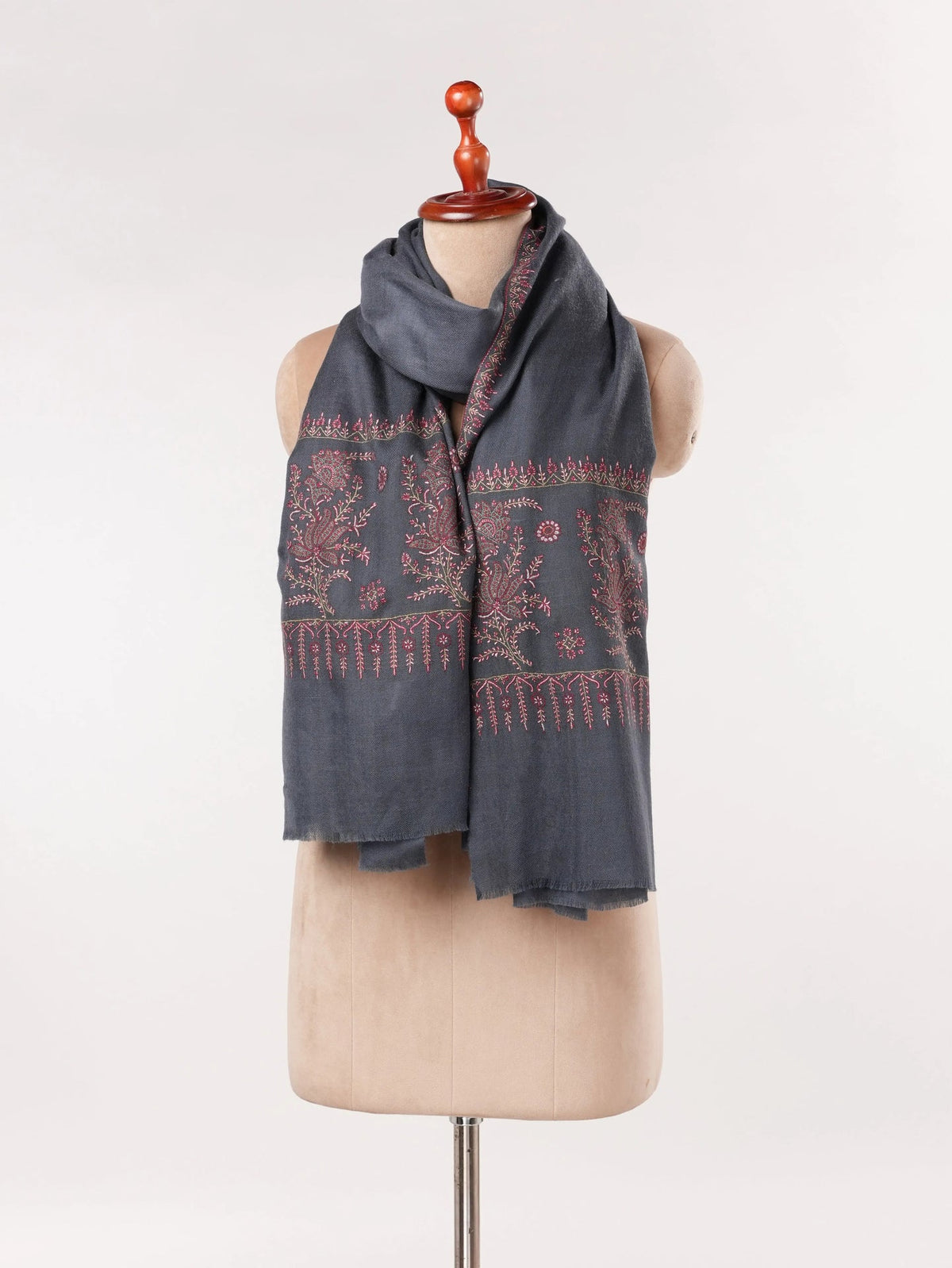 Dark Grey Kashmiri Shawl in Handwoven Pashmina with Palldar Hand Sozni Embroidery Shahkaar.com
