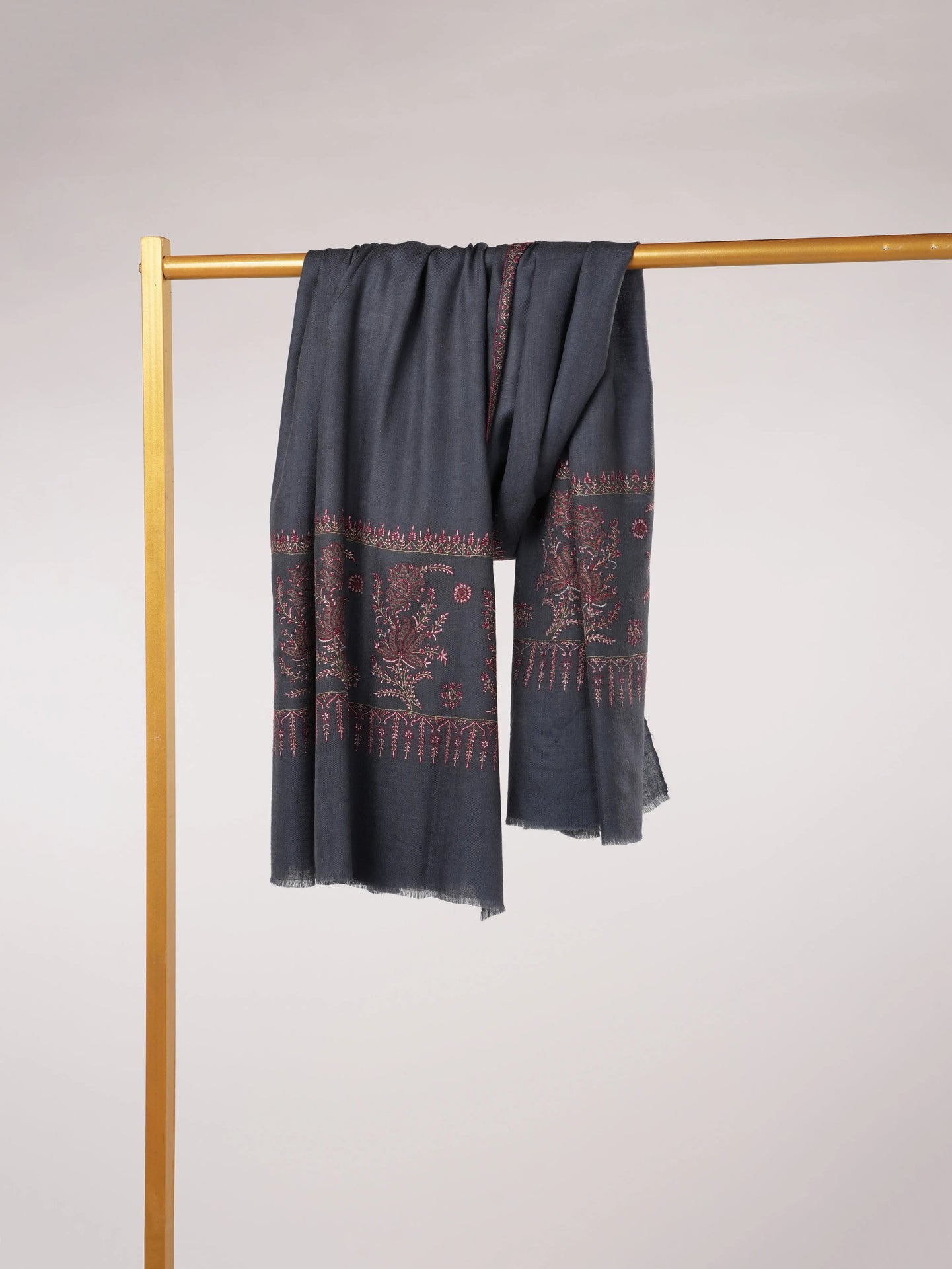 Dark Grey Kashmiri Shawl in Handwoven Pashmina with Palldar Hand Sozni Embroidery Shahkaar.com
