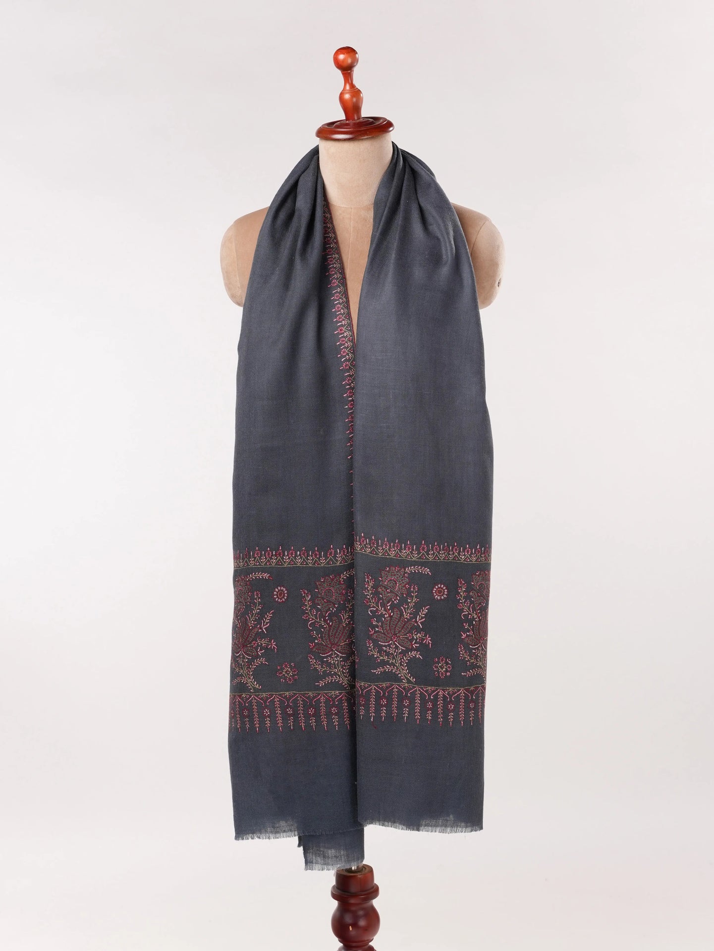 Dark Grey Kashmiri Shawl in Handwoven Pashmina with Palldar Hand Sozni Embroidery Shahkaar.com