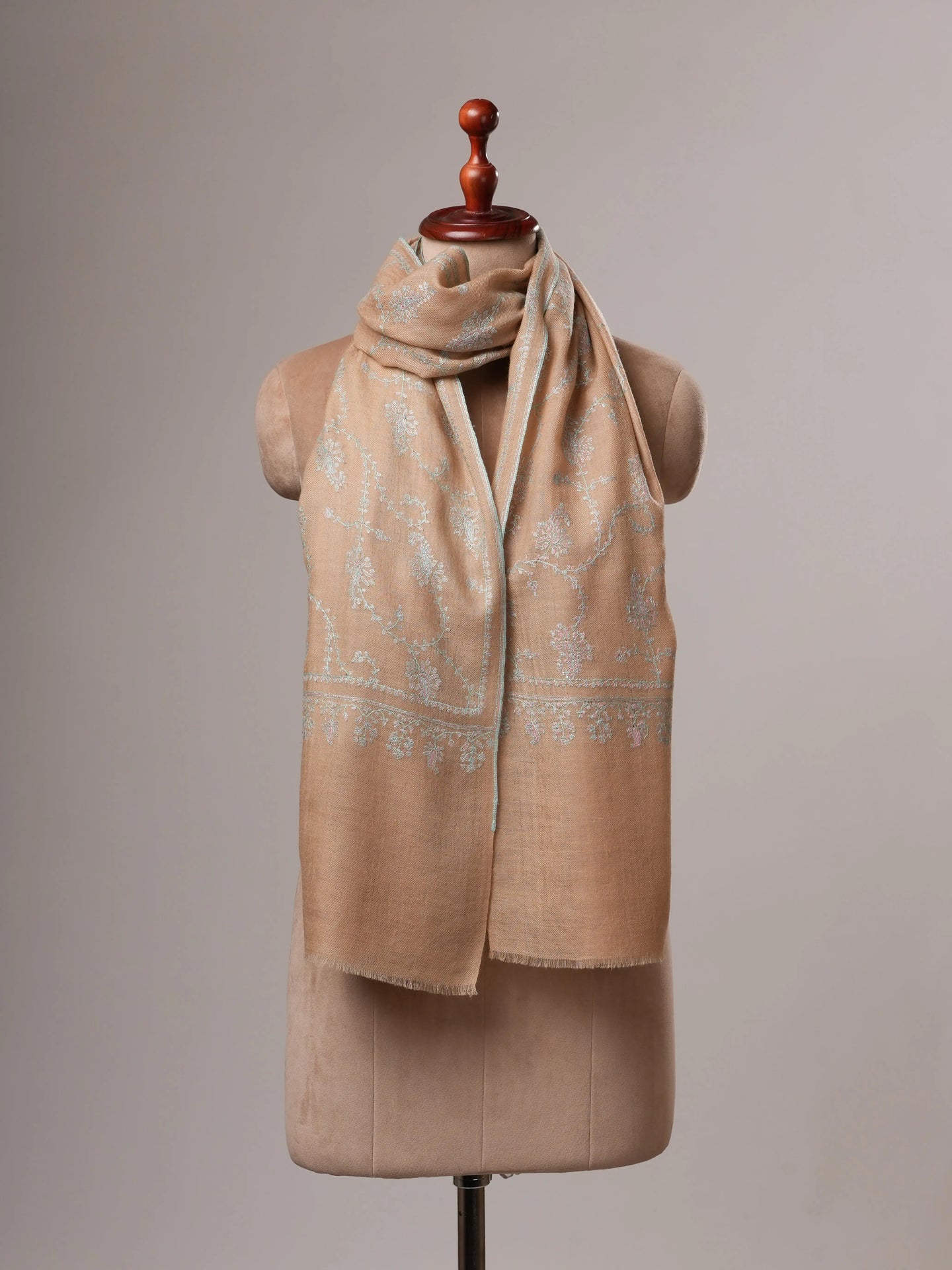 Tan Cashmere Scarf with All-Over Sozni Embroidery Shahkaar