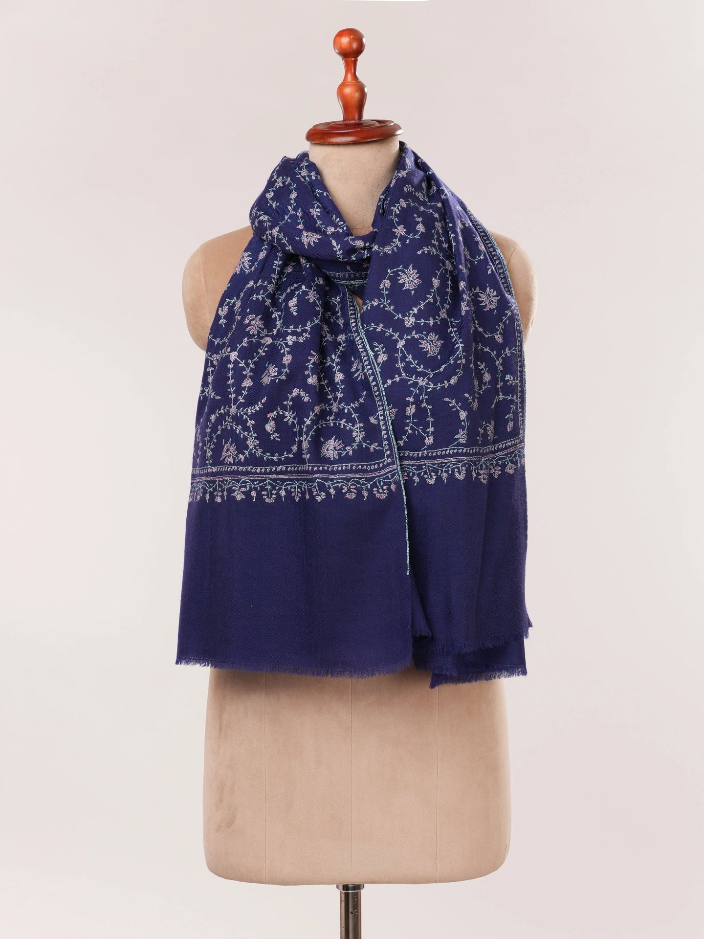 Navy Blue Featherlight Cashmere Scarf with Hand Embroidery Shahkaar.com