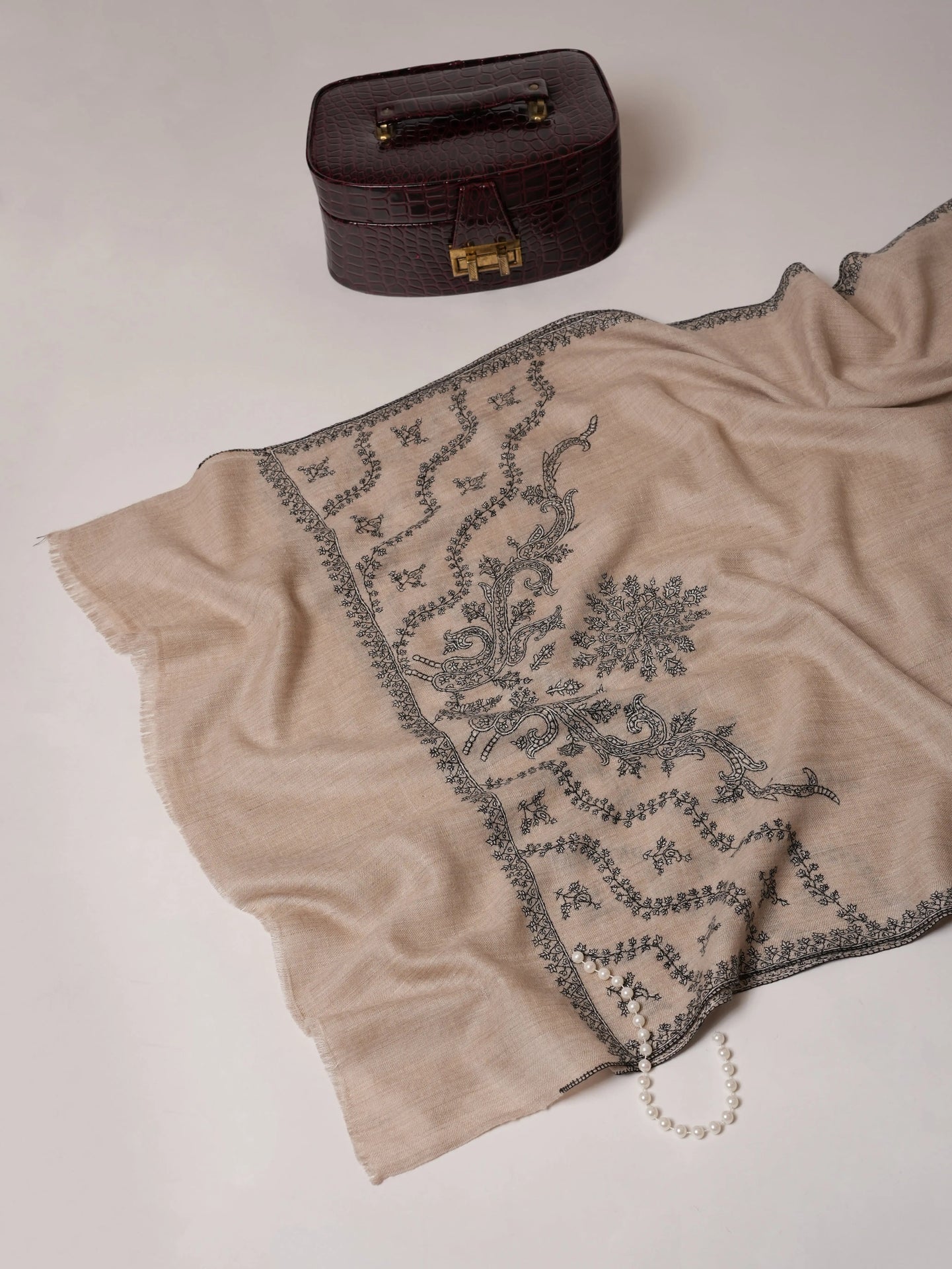 Natural Grey Cashmere Scarf with Palla Hand Embroidery Shahkaar.com